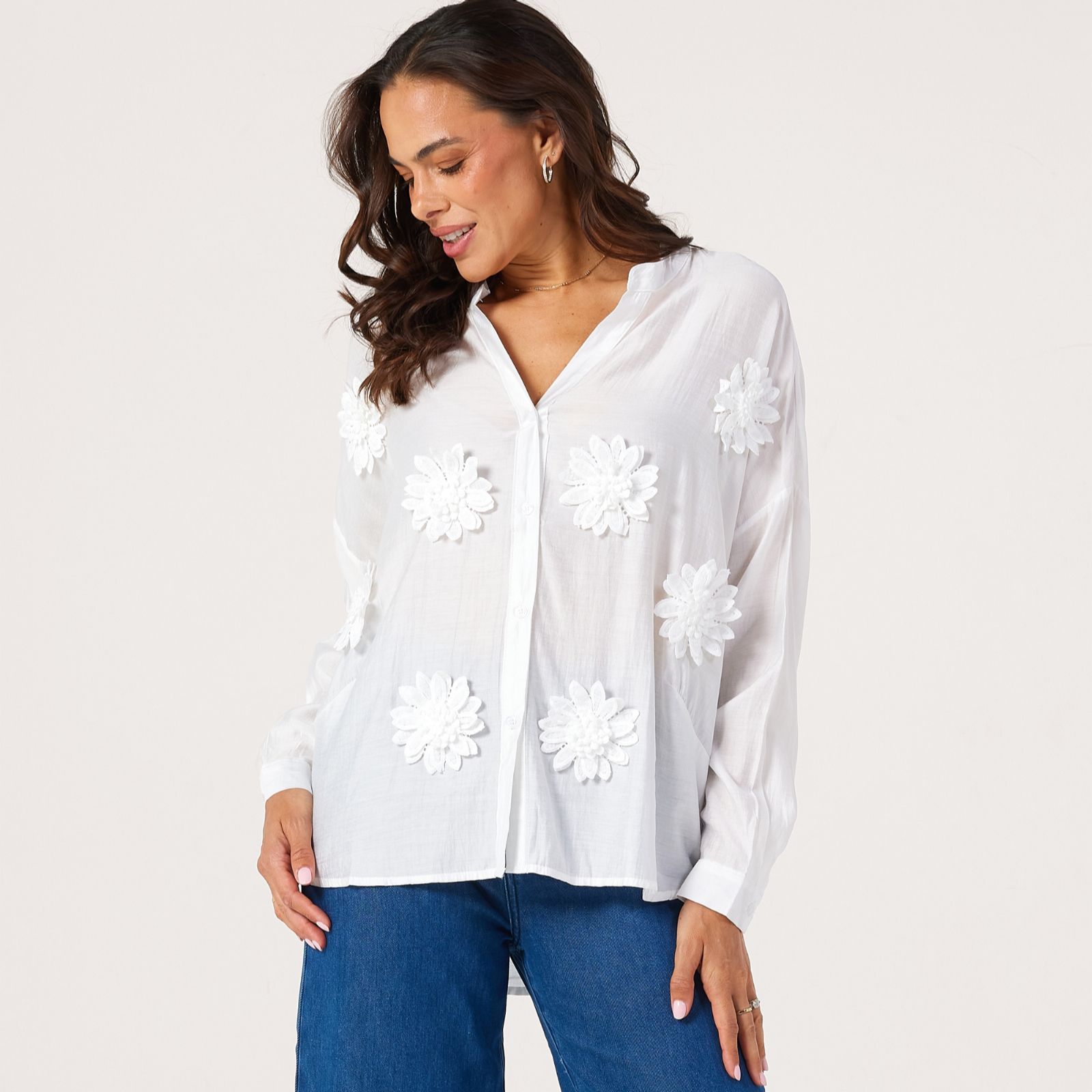 Malissa J Button Through Notch Neck Shirt with Applique Flowers