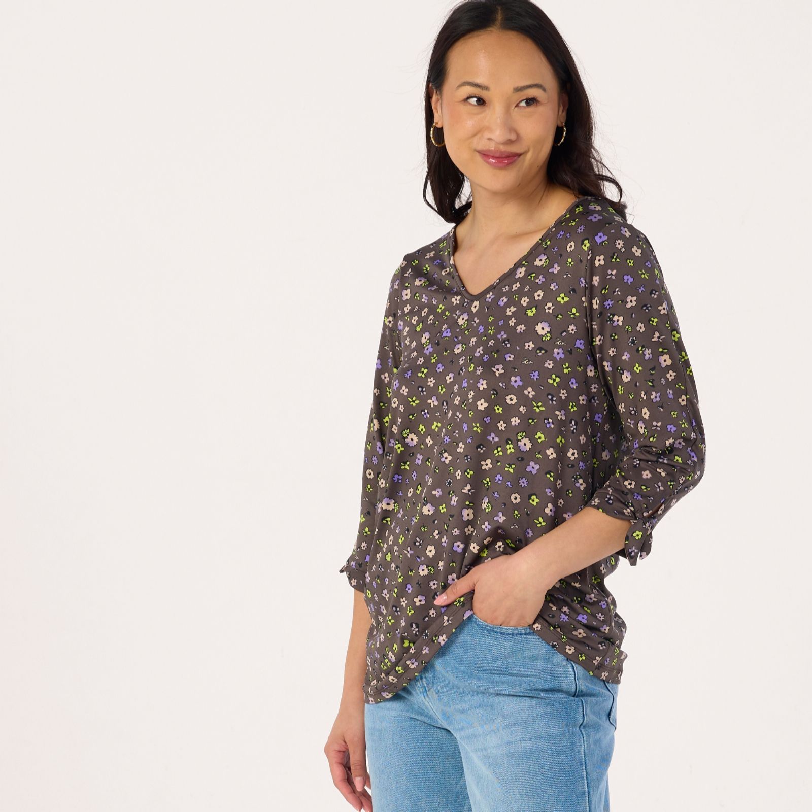 Kim & Co Printed Brazil Jersey 3/4 Tie Sleeve Tunic