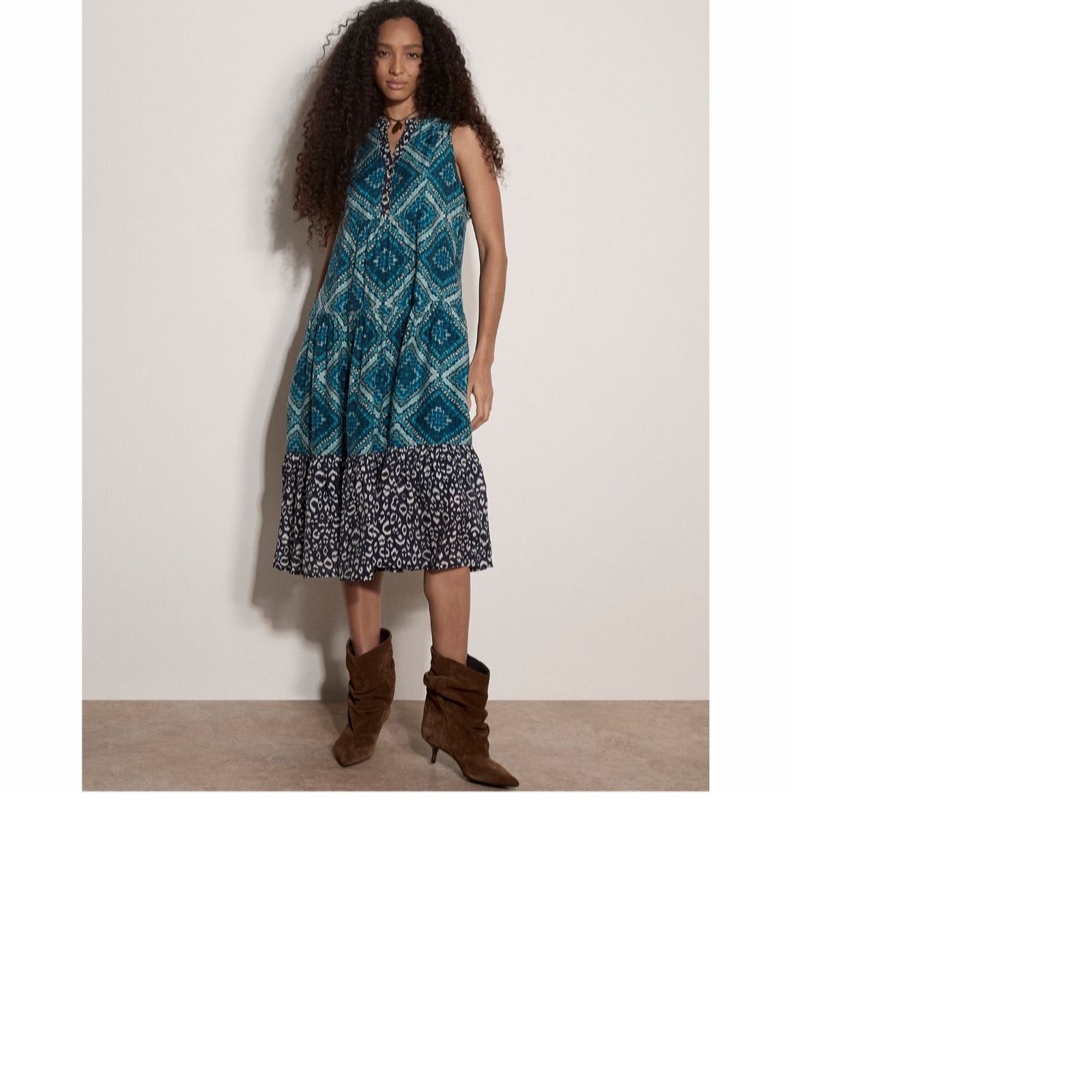 Apricot Geometric Patchwork Tiered Midi Dress