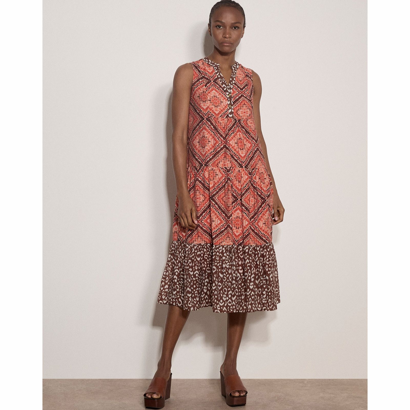 Apricot Geometric Patchwork Tiered Midi Dress