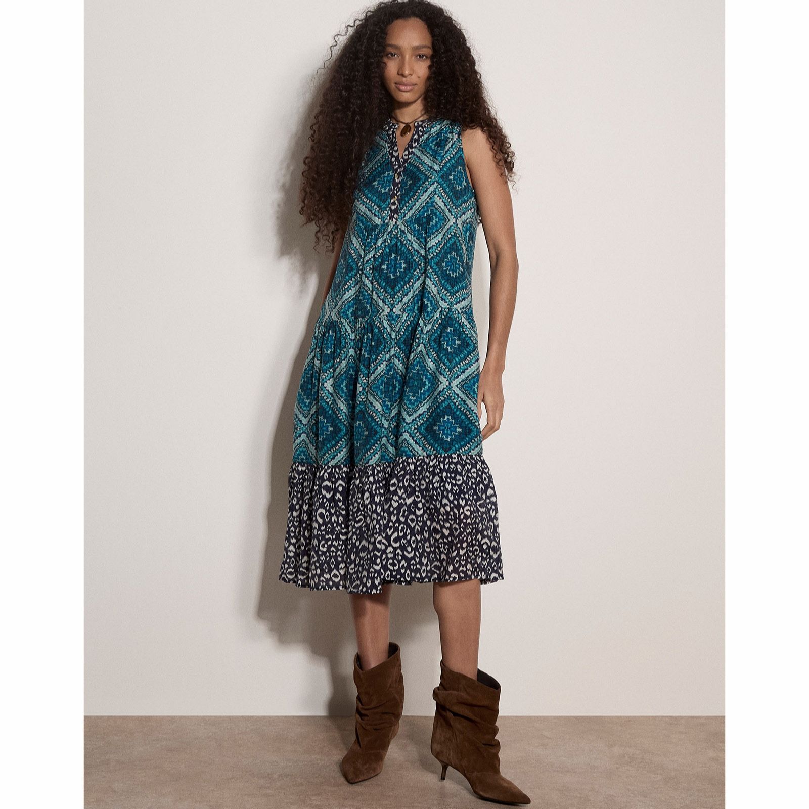 Apricot Geometric Patchwork Tiered Midi Dress