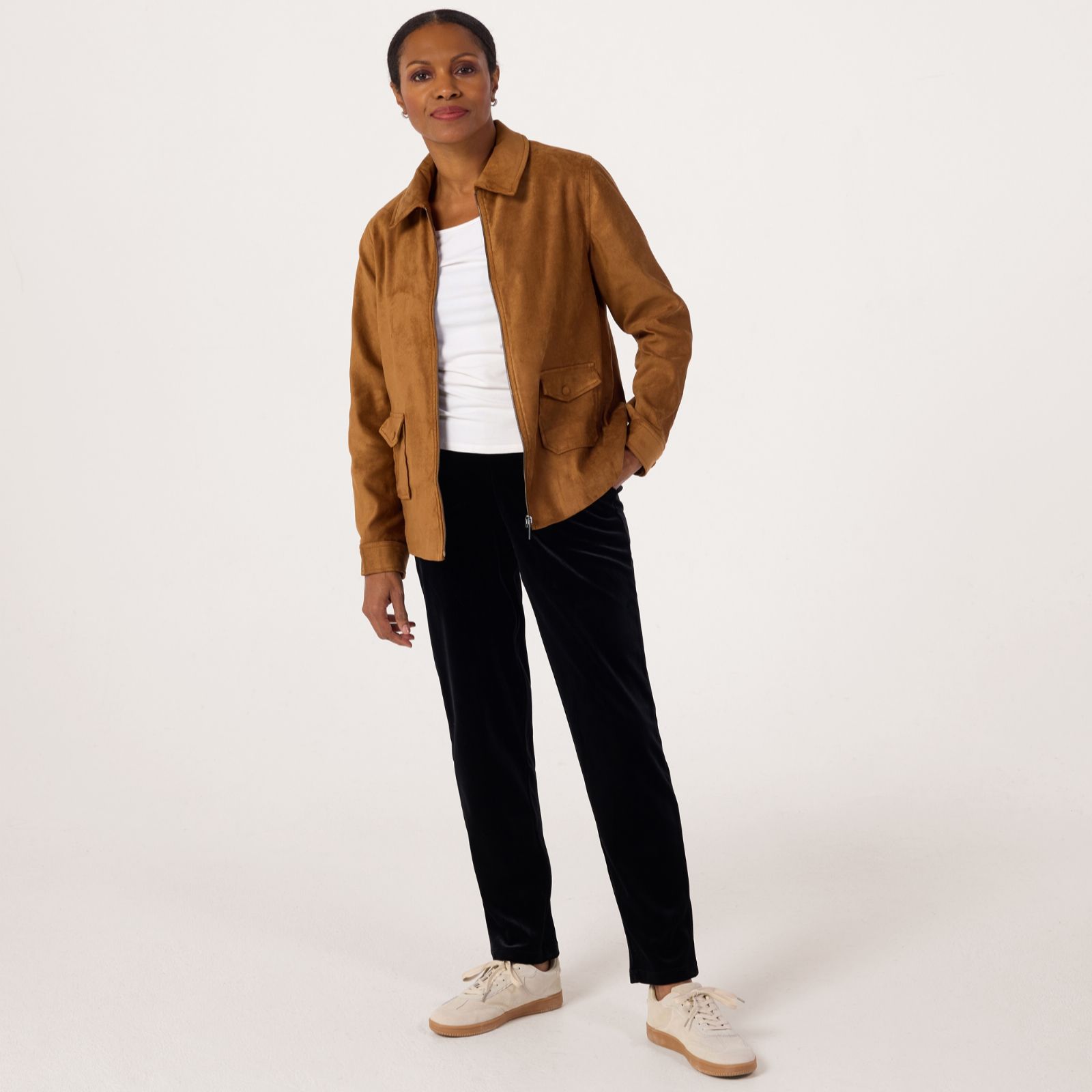 Denim & Co Pull On Scuba Velvet Stretch Straight Leg Trousers Petite