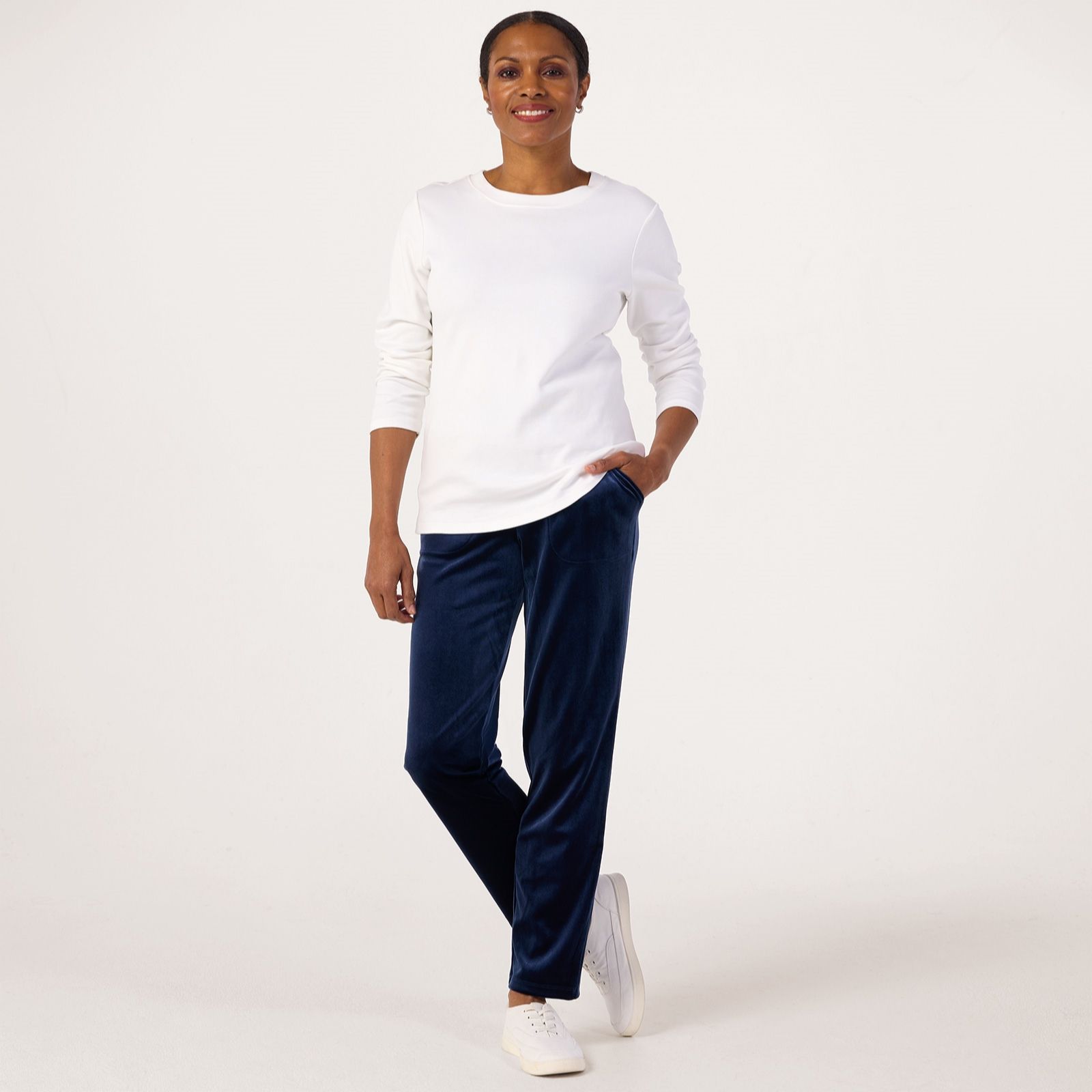 Denim & Co Pull On Scuba Velvet Stretch Straight Leg Trousers Petite