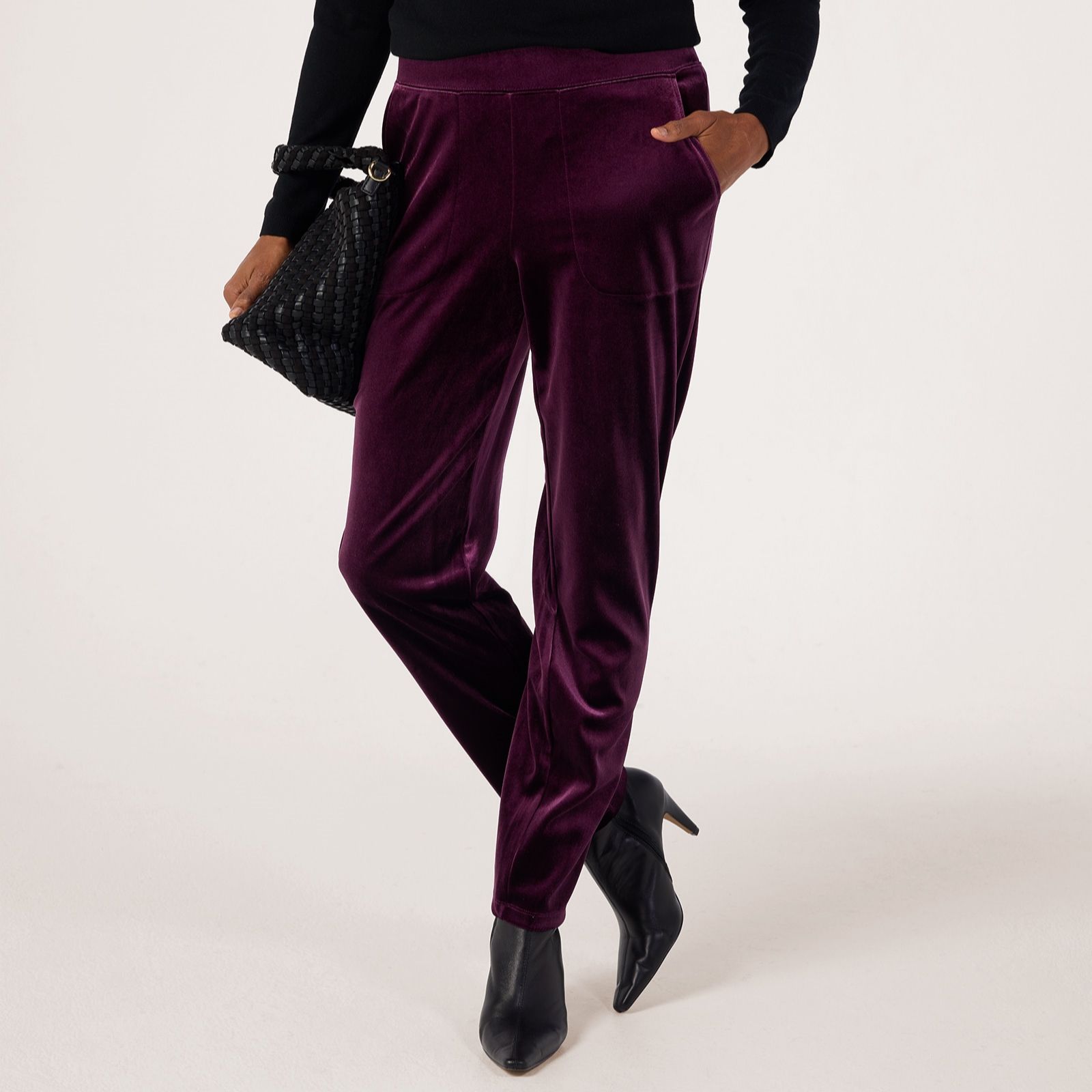 Denim & Co Pull On Scuba Velvet Stretch Straight Leg Trousers Petite