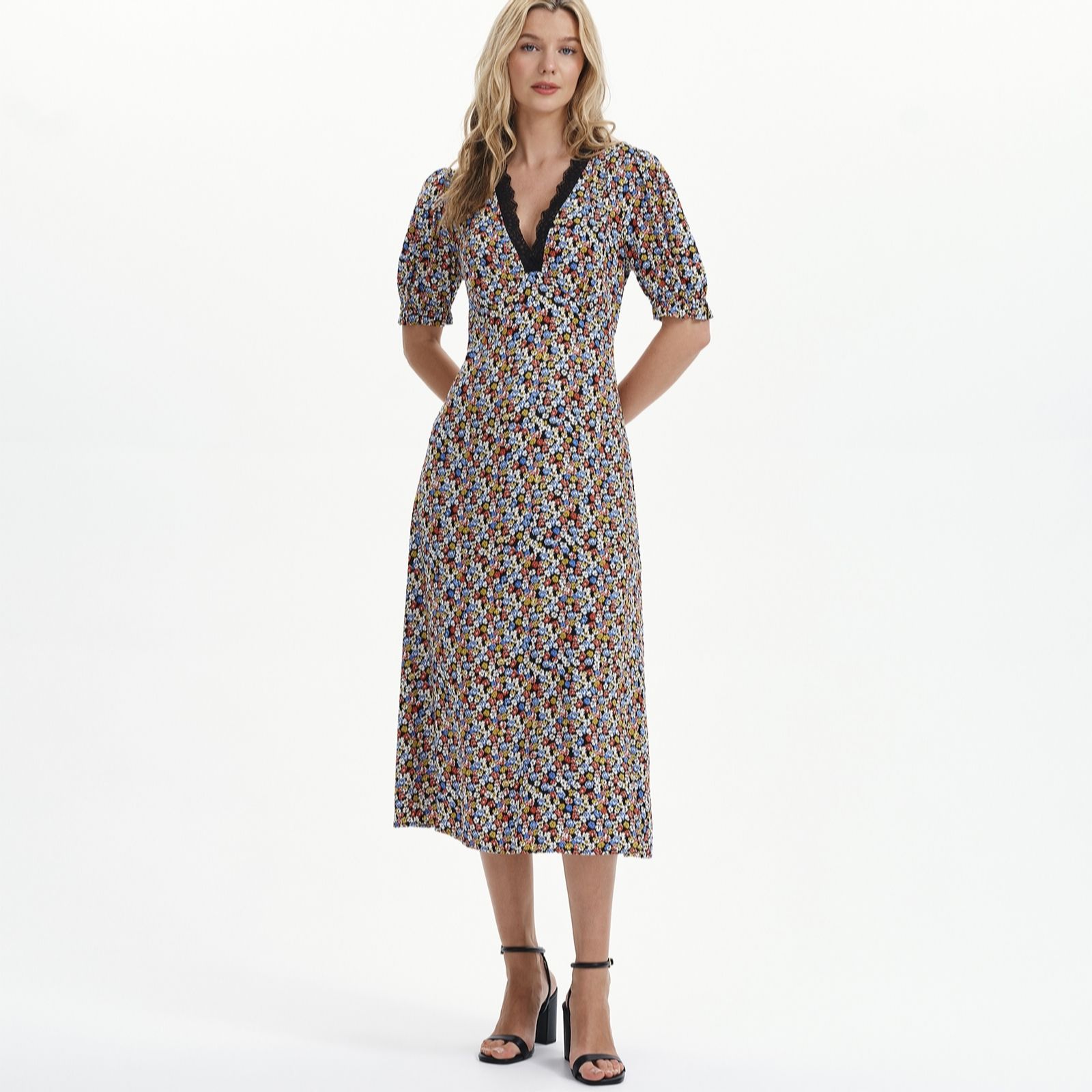 Finery London Elish Printed Dress with Lace Trim Petite