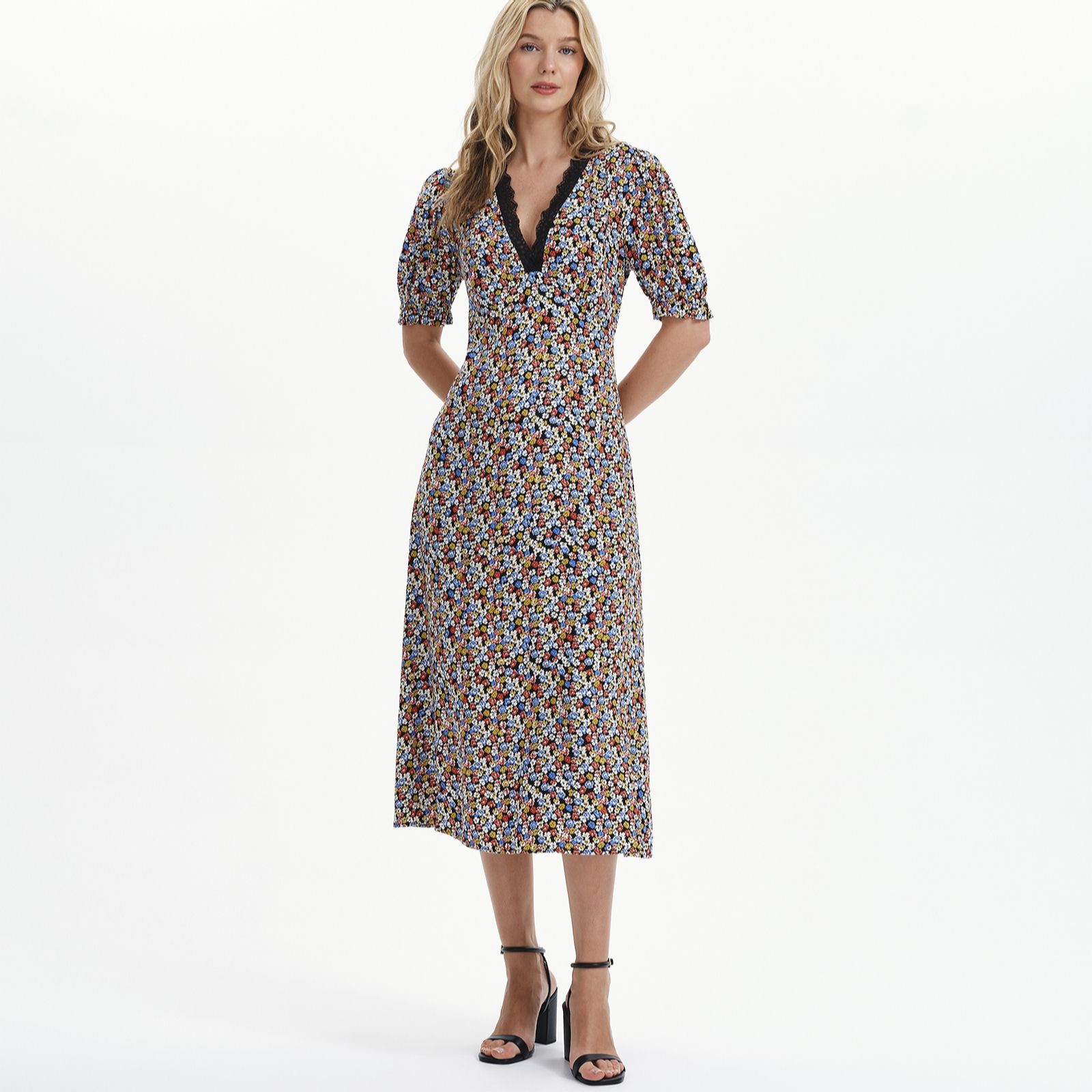 Finery London Elish Printed Dress with Lace Trim Petite