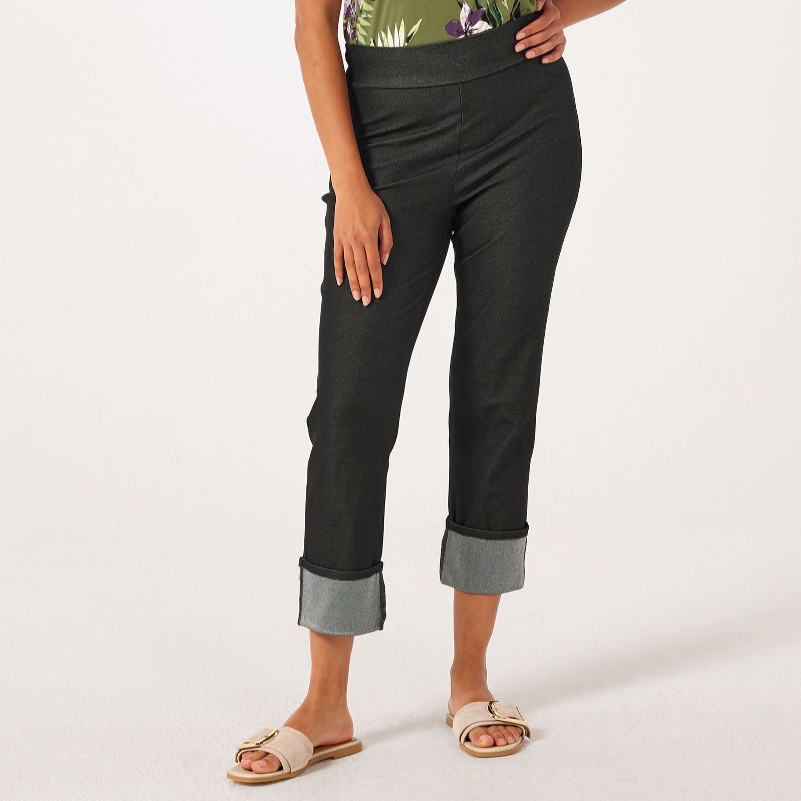 Kim & Co Deluxe Denim Knit Straight Cuffed Crop Standard Trousers