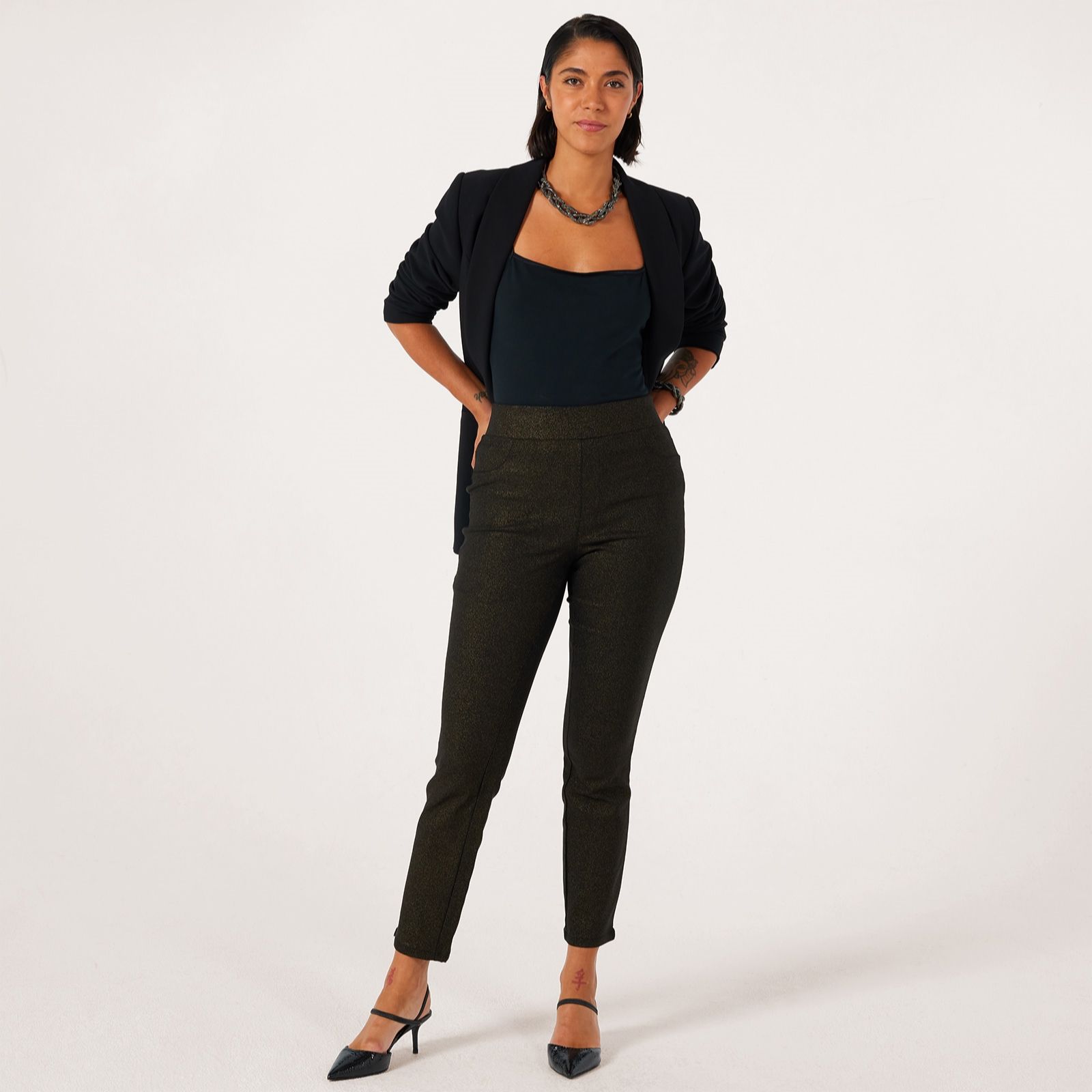 Nina Leonard Foil Millenium Narrow Leg Pull-On Petite Trousers