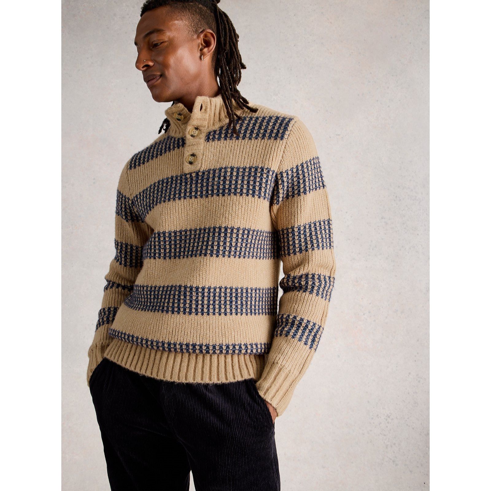 White Stuff Men's Baxton Stripe Button Neck Jumper