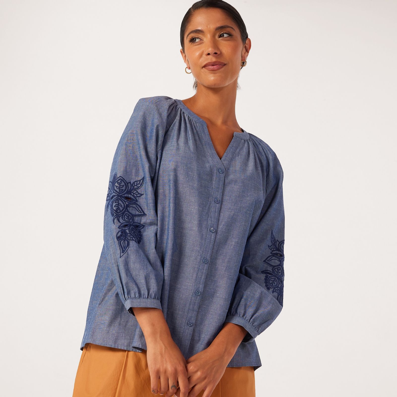Ben de Lisi Notch Neck Embroidered Chambray Blouse