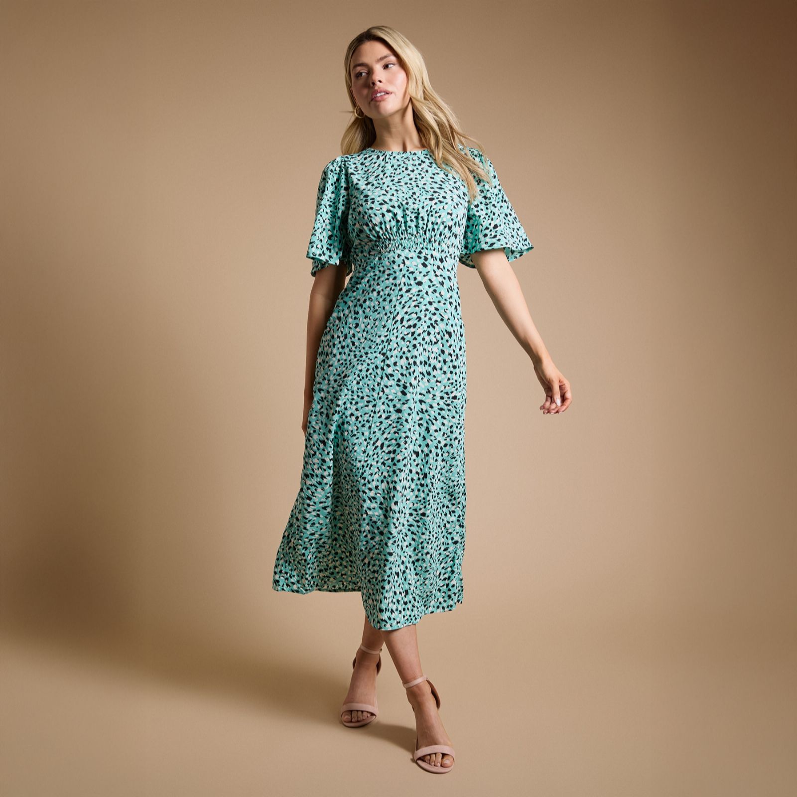 Dorothy Perkins Flutter Sleeve Shirred Waist Midi Dress Standard