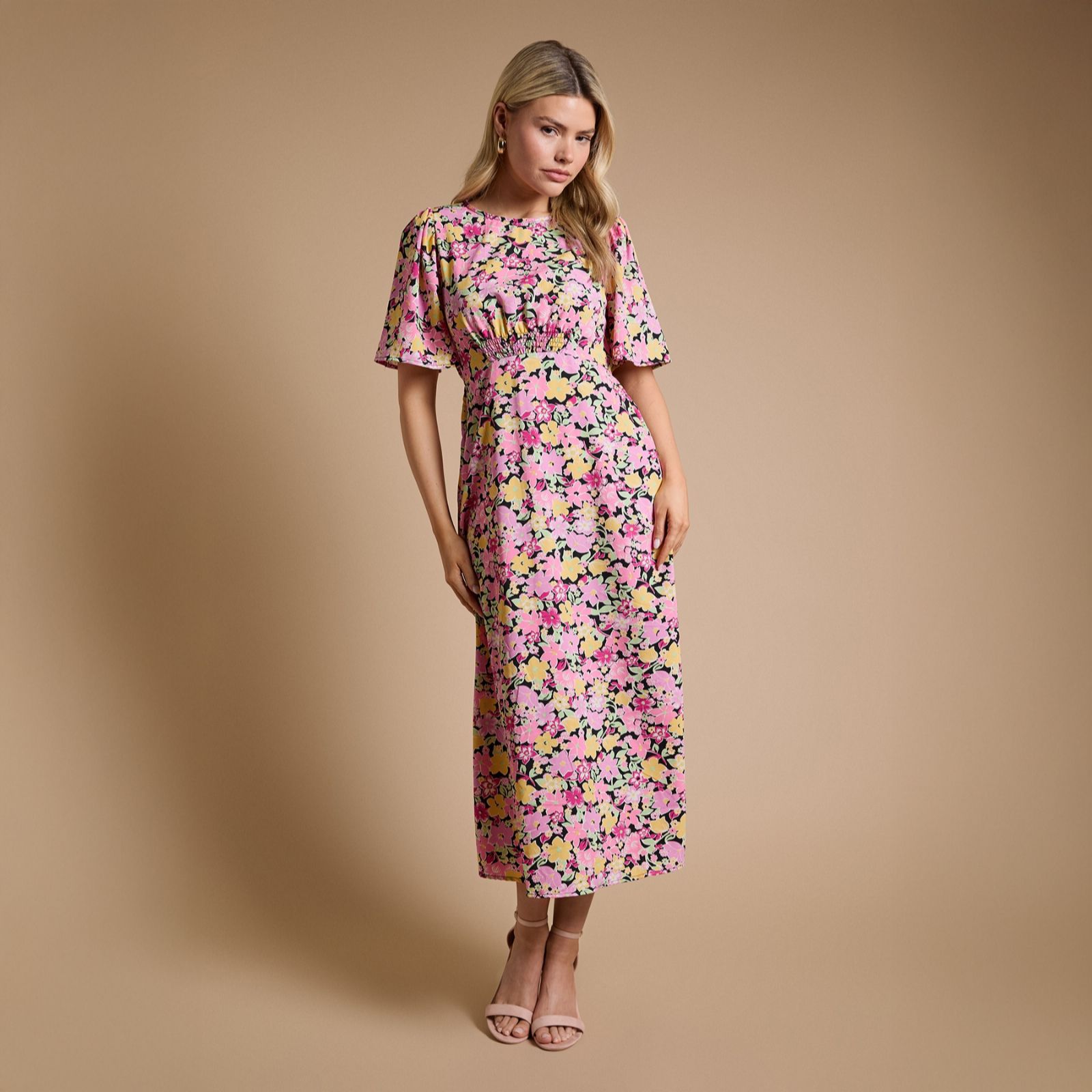 Dorothy Perkins Flutter Sleeve Shirred Waist Midi Dress Standard