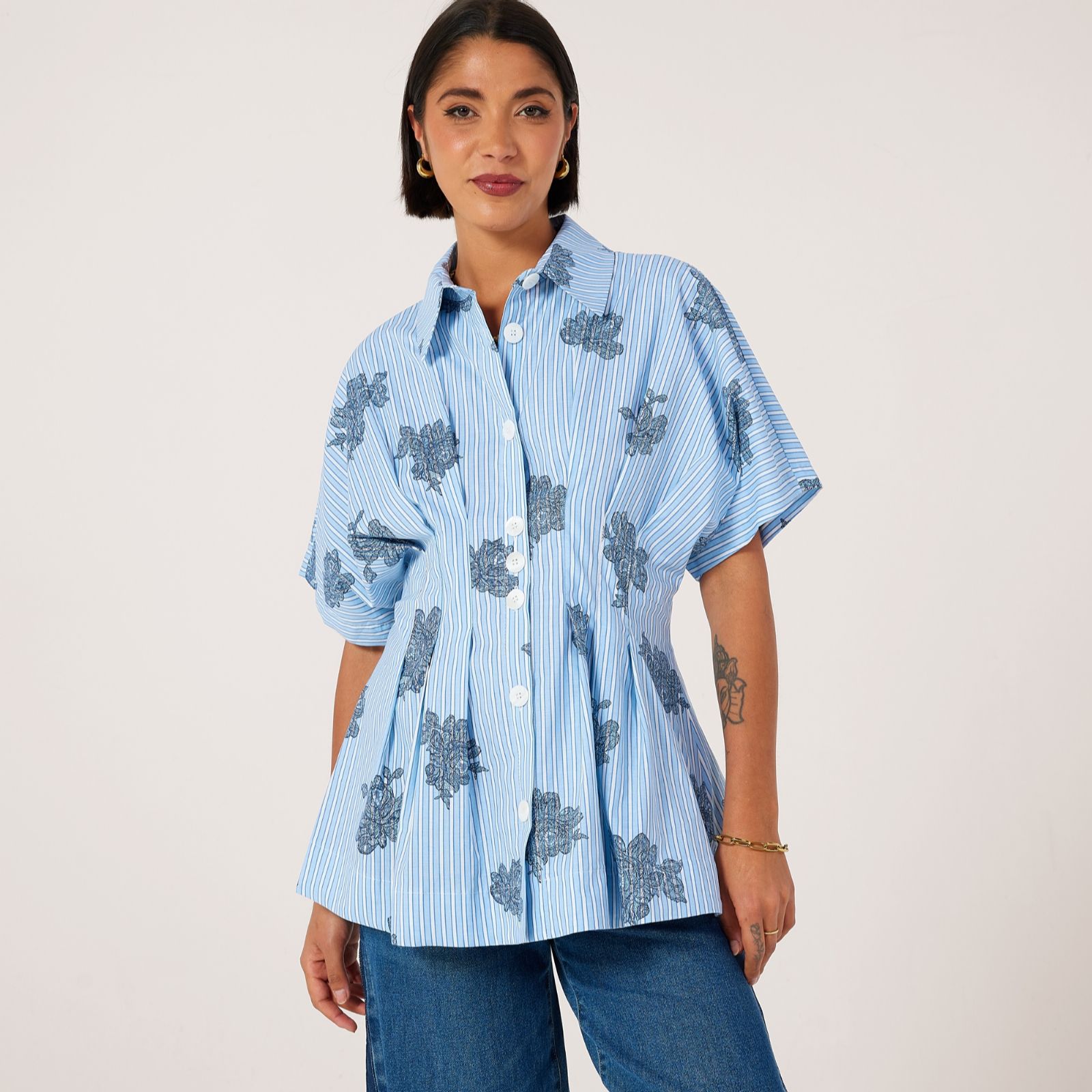 Helene Berman 100% Cotton Stripe with Floral Print Blouse