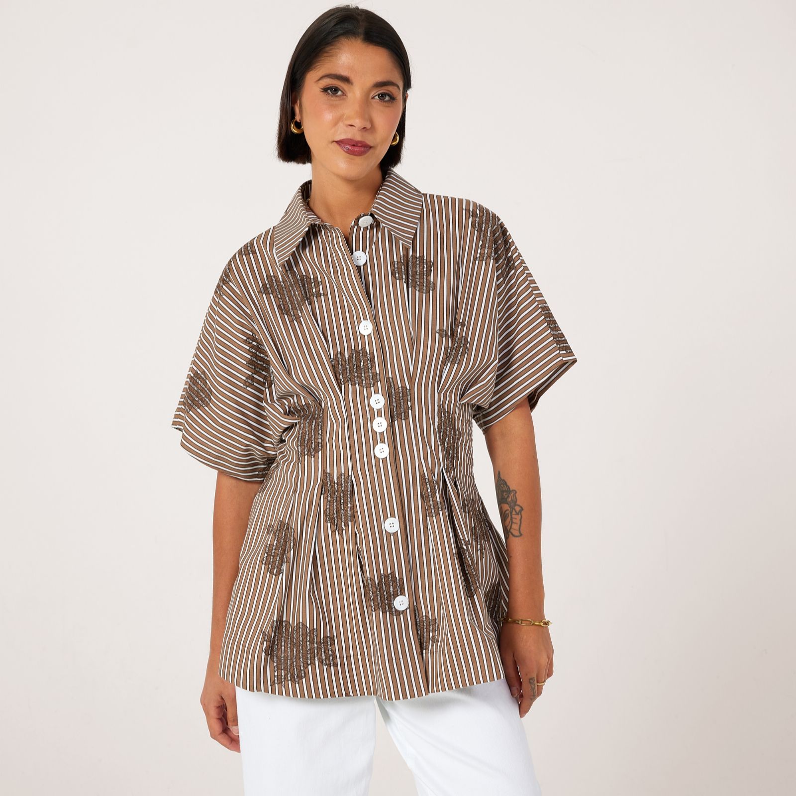 Helene Berman 100% Cotton Stripe with Floral Print Blouse