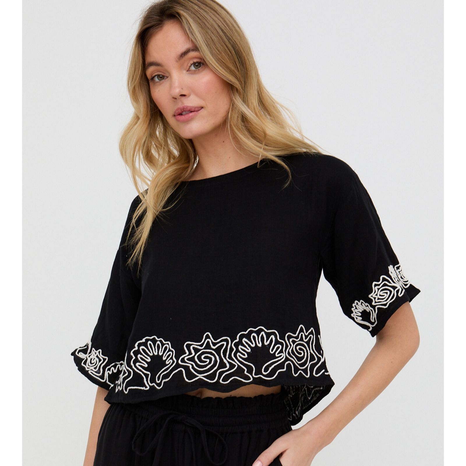 Raffya Milly Embroidered Split Open Back Blouse