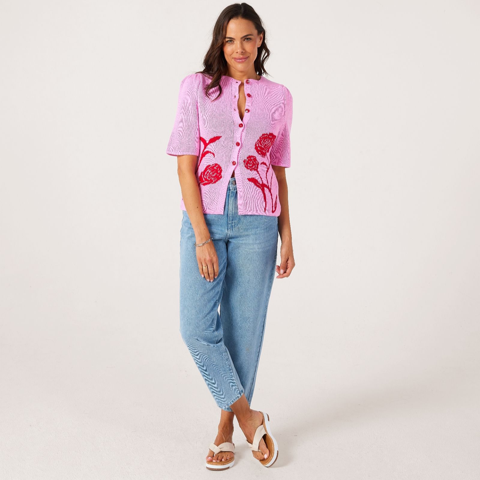 Helene Berman Cotton Blend Rose Fit and Flare Cardigan