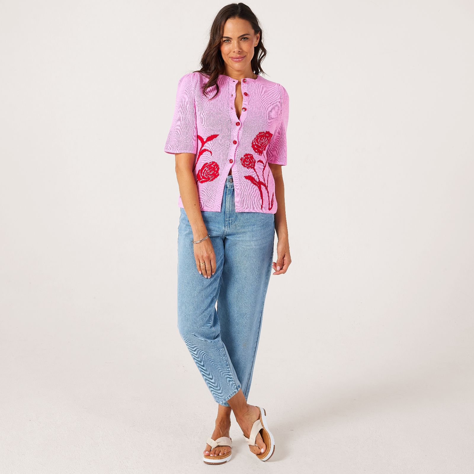 Helene Berman Cotton Blend Rose Fit and Flare Cardigan