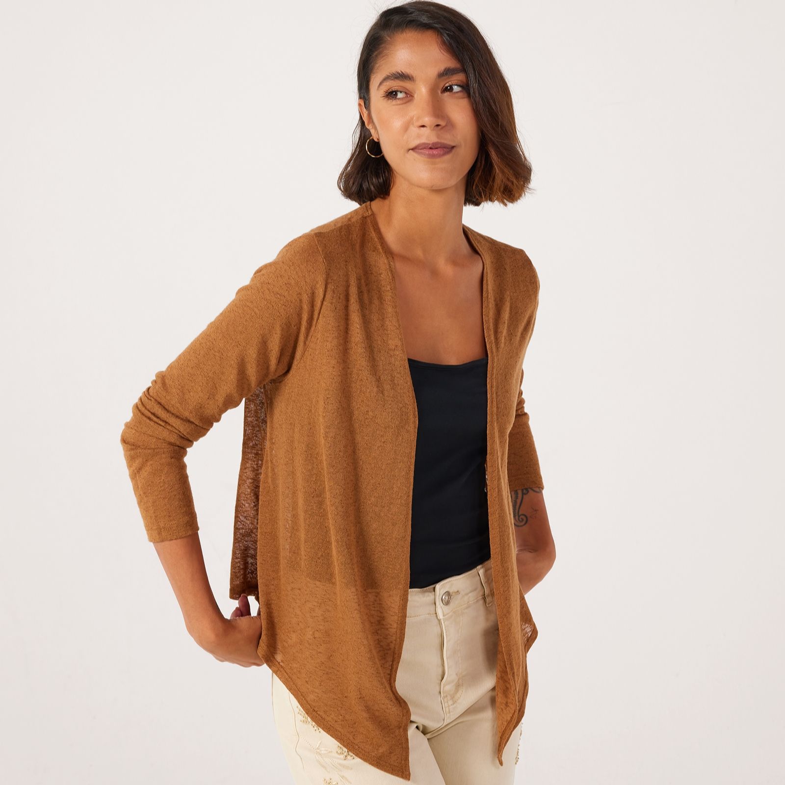 Kim & Co Linen Look Knit Long Sleeve Drape Front Bolero