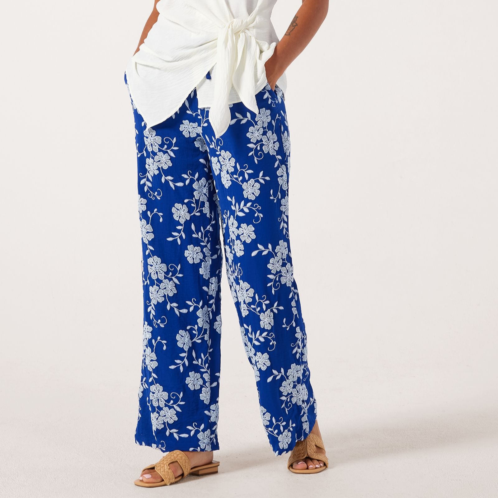 Nina Leonard Drawstring Wide Leg Pocket Trousers In Linen Feel Print