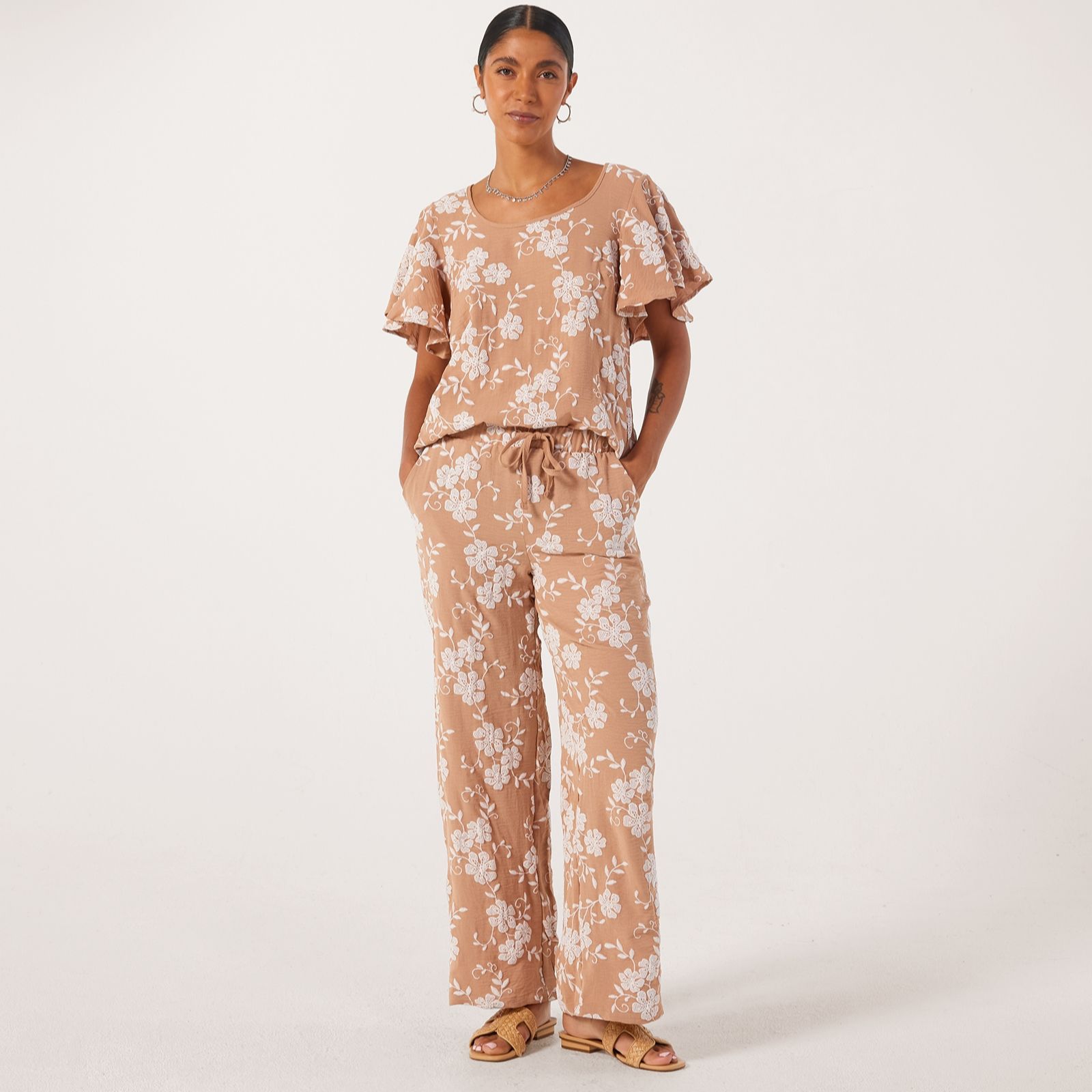 Nina Leonard Drawstring Wide Leg Pocket Trousers In Linen Feel Print