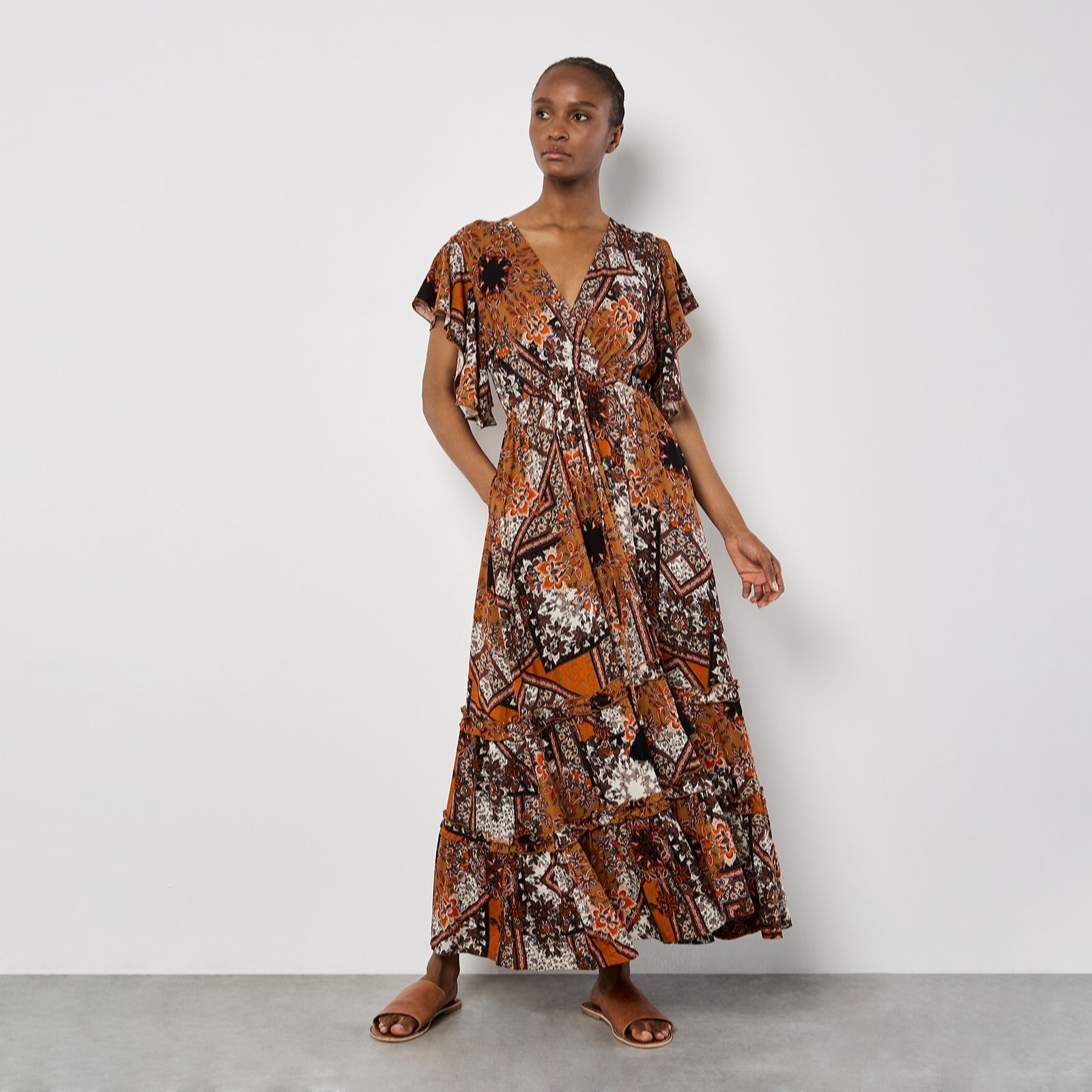 Apricot Patchwork Scarf Ruffle Tiered Midi Dress