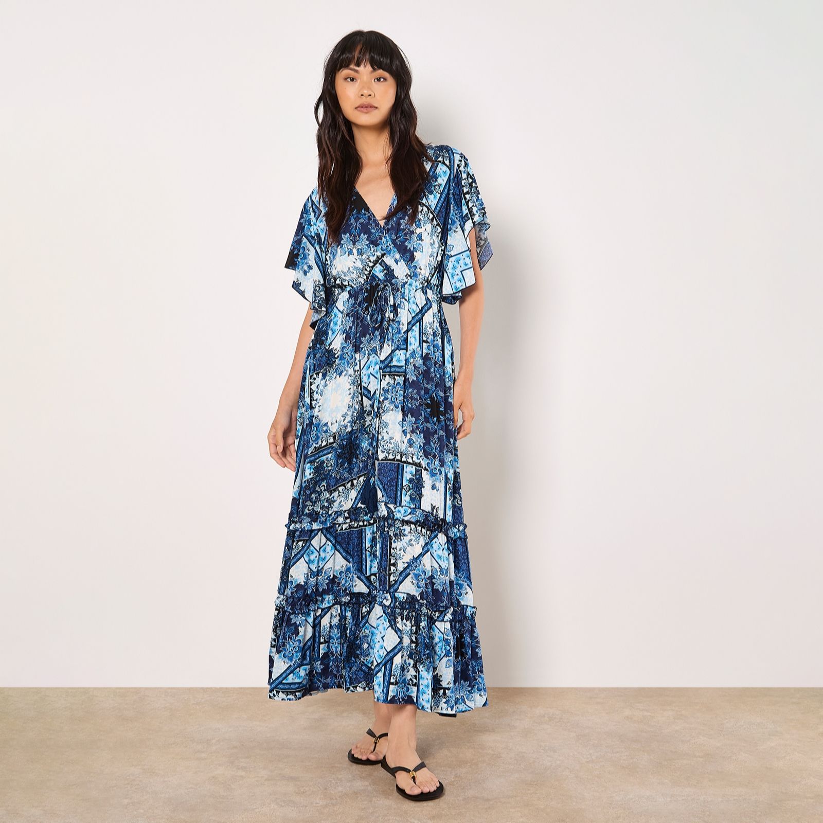 Apricot Patchwork Scarf Ruffle Tiered Midi Dress
