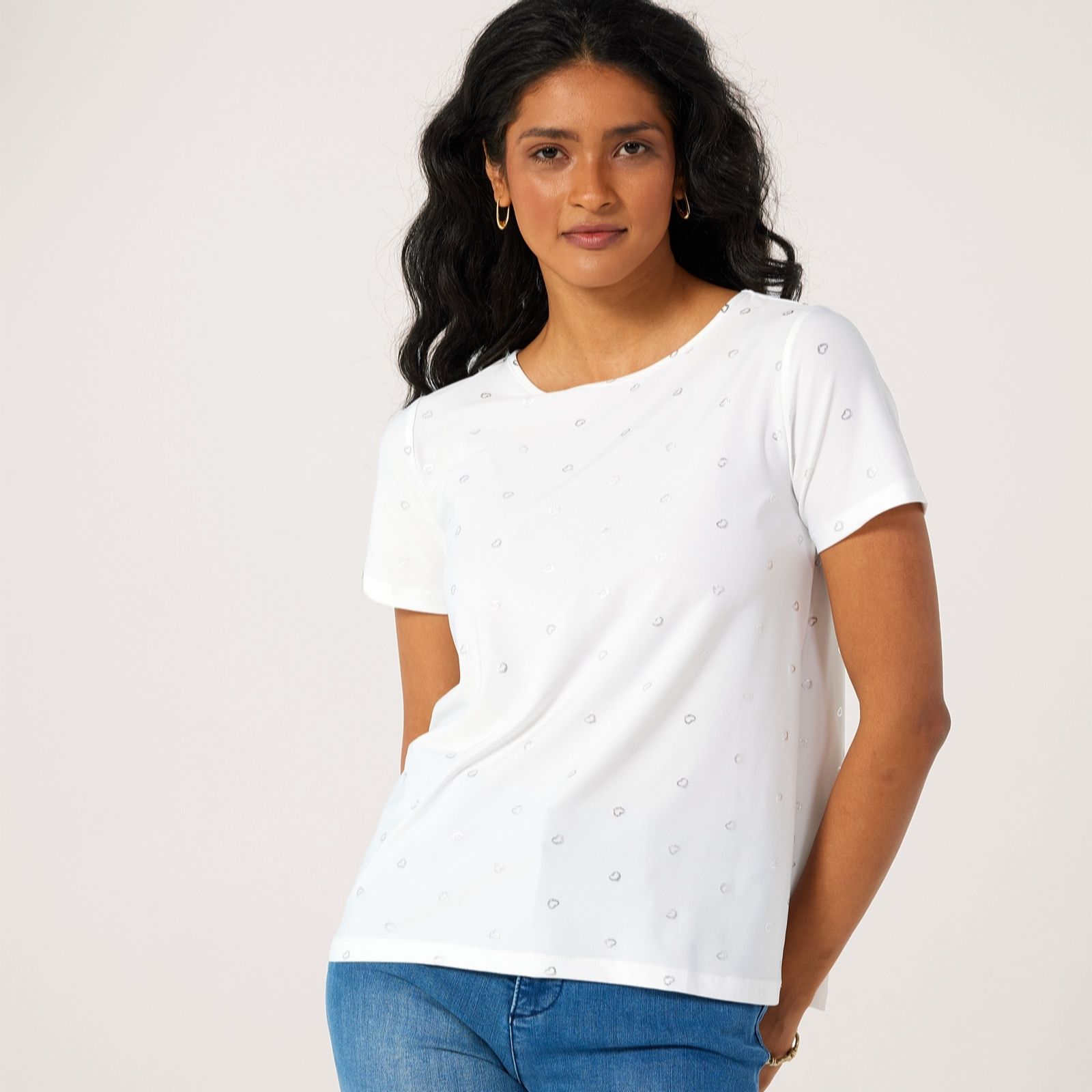 Kim & Co Brazil Jersey Foil Print Short Sleeve Hi-Low Top