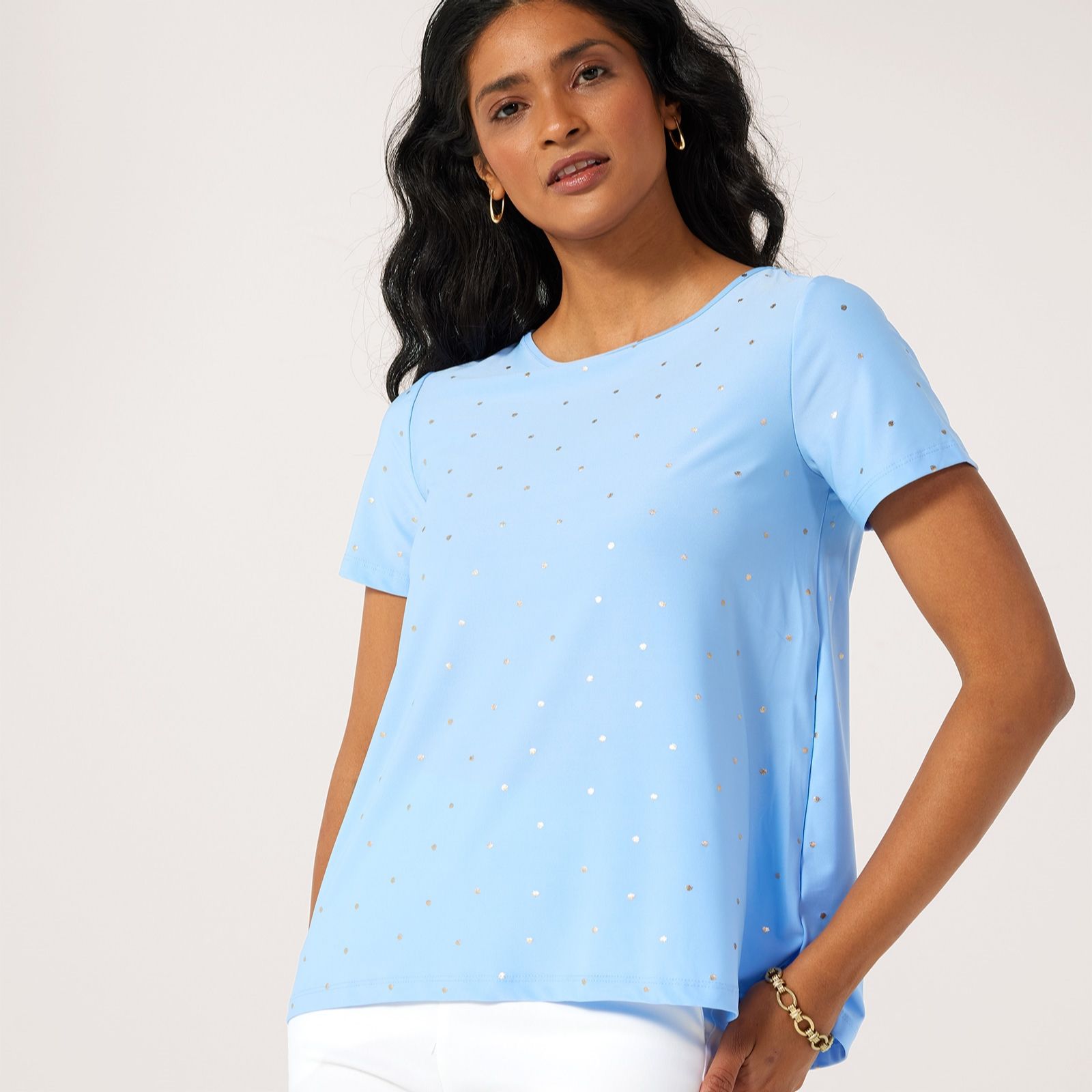 Kim & Co Brazil Jersey Foil Print Short Sleeve Hi-Low Top