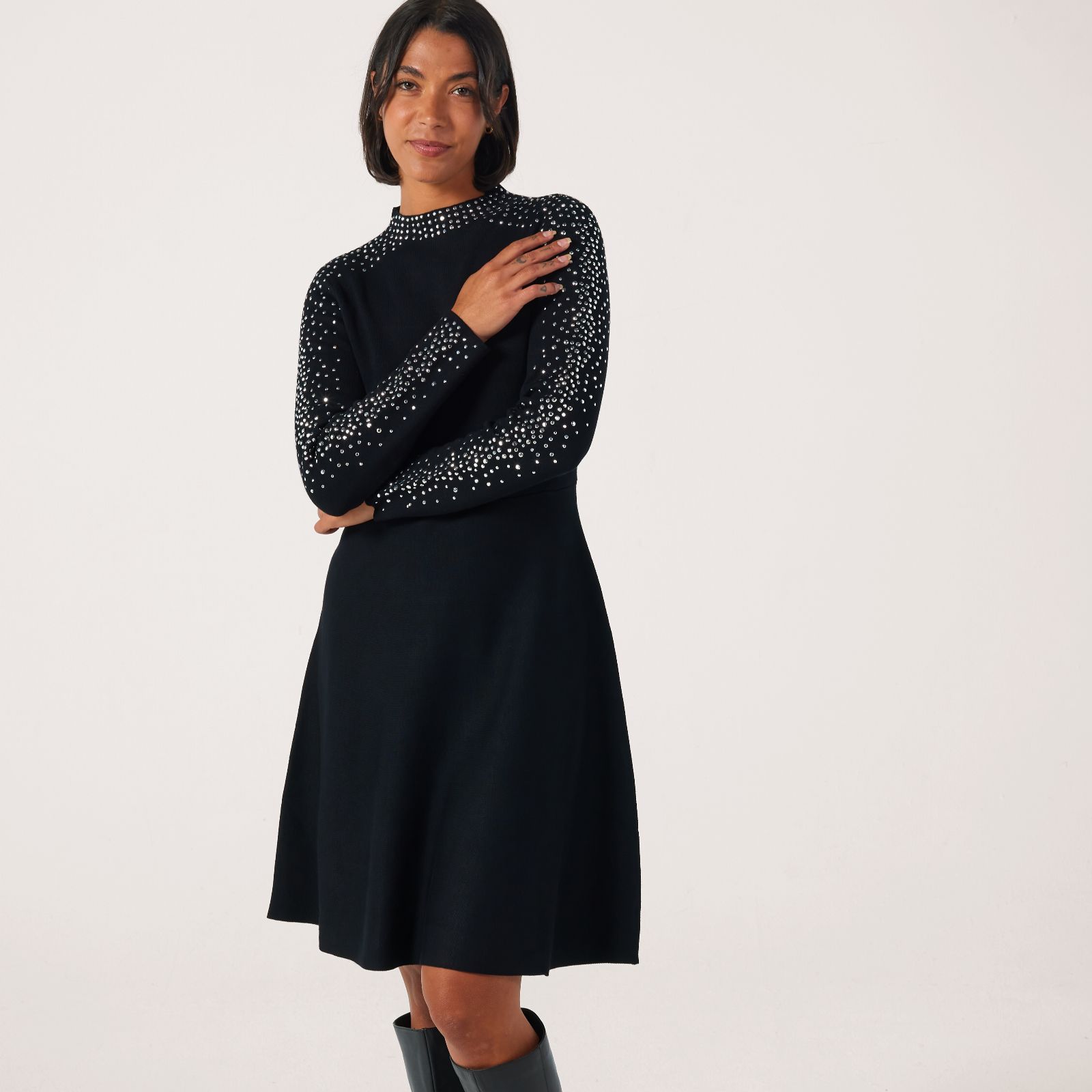 Nina Leonard Knit Fit & Flare Dress with Stud Details