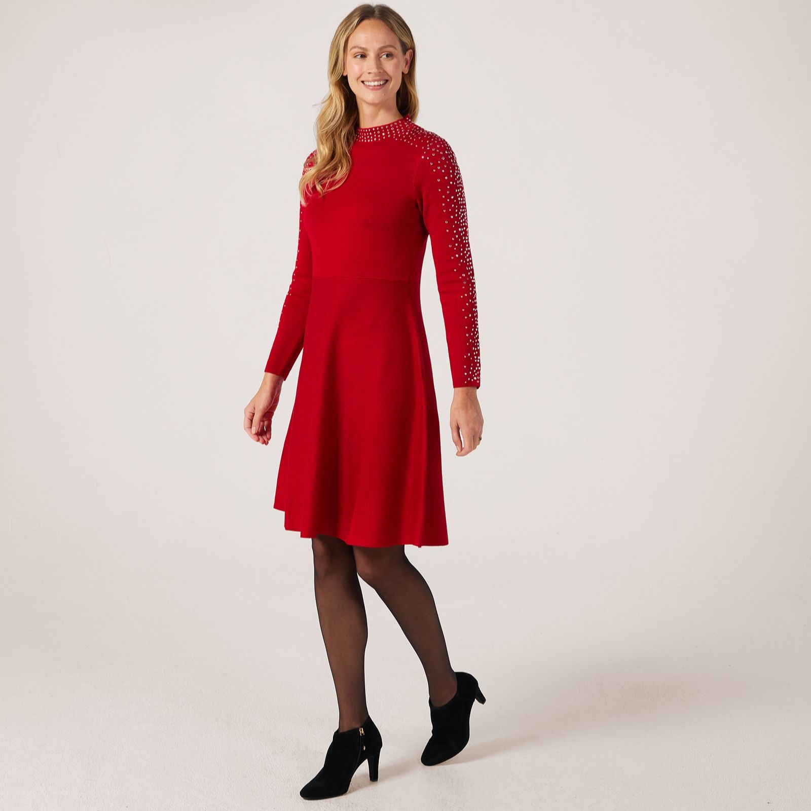 Nina Leonard Knit Fit & Flare Dress with Stud Details