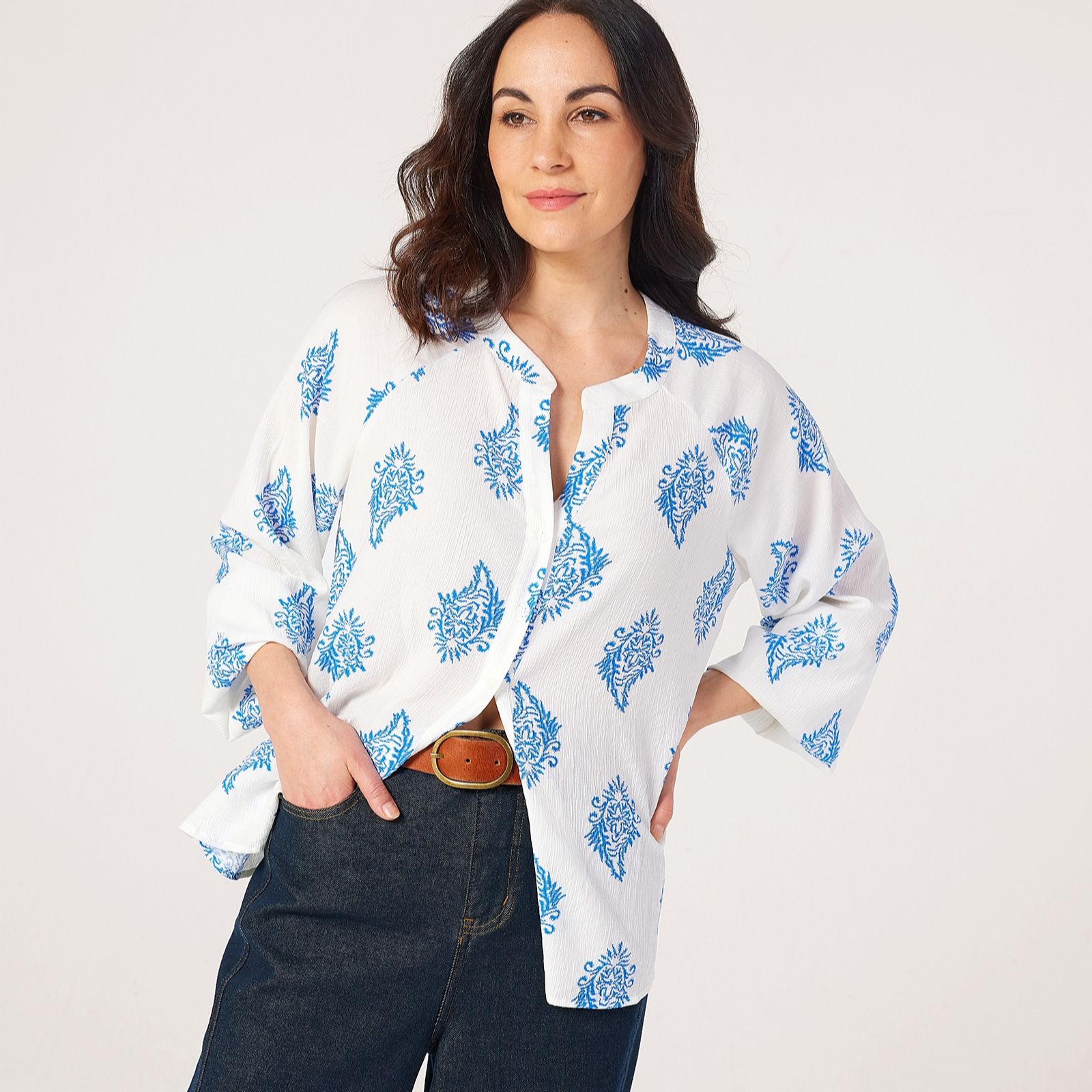 Denim & Co. Nehru Collar Blouse