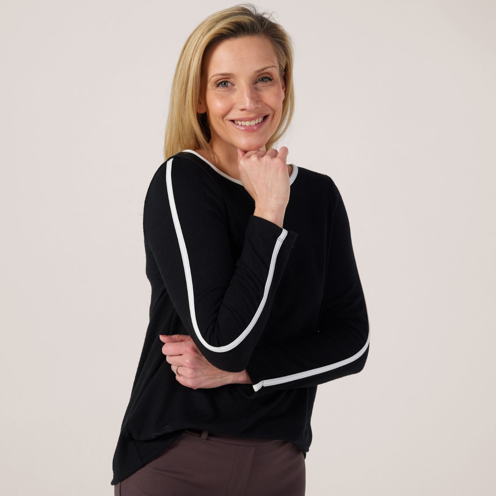Kim & Co Soft Touch Long Sleeve Contrast Detail Top