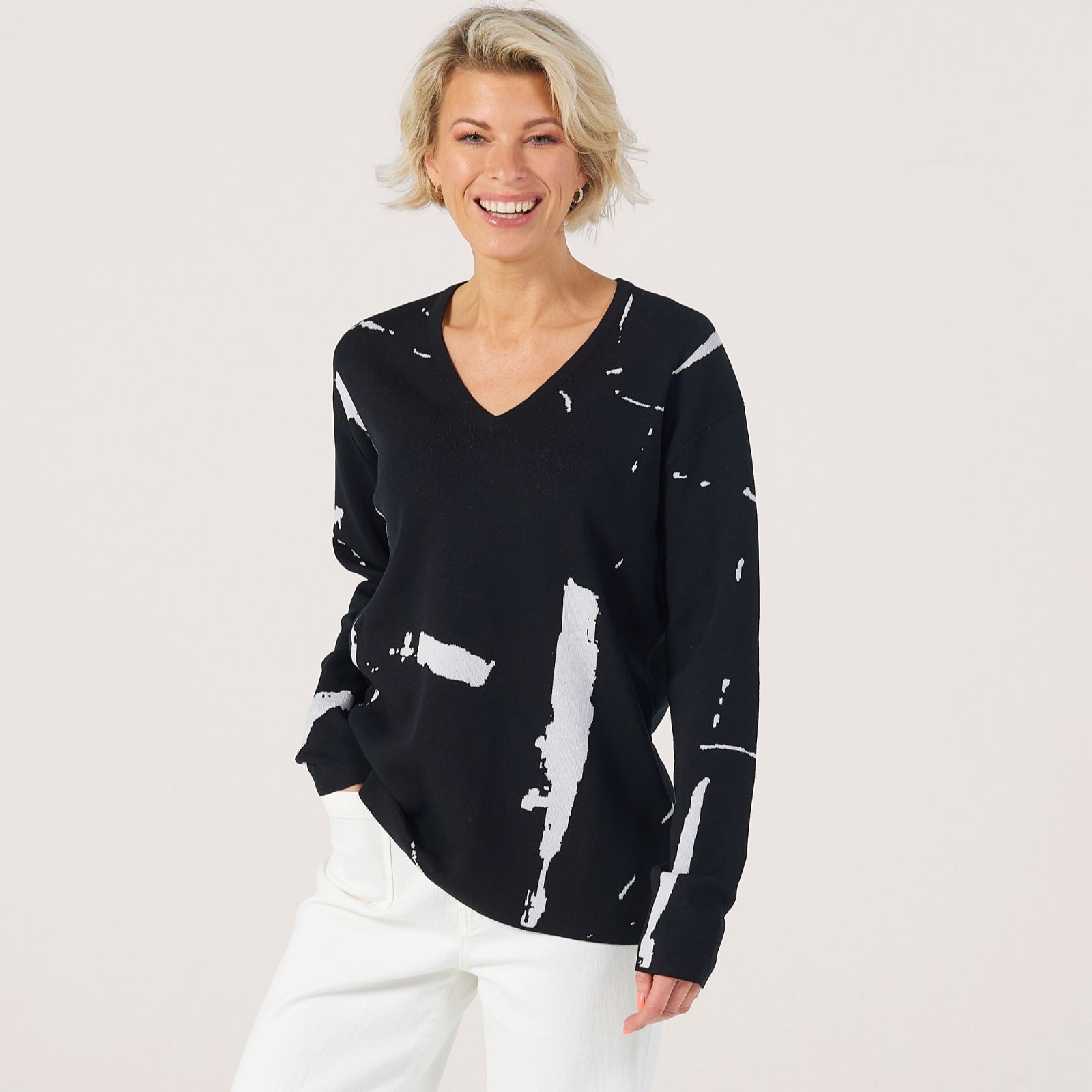 MarlaWynne Collection Abstract Brushstroke V-neck Jumper