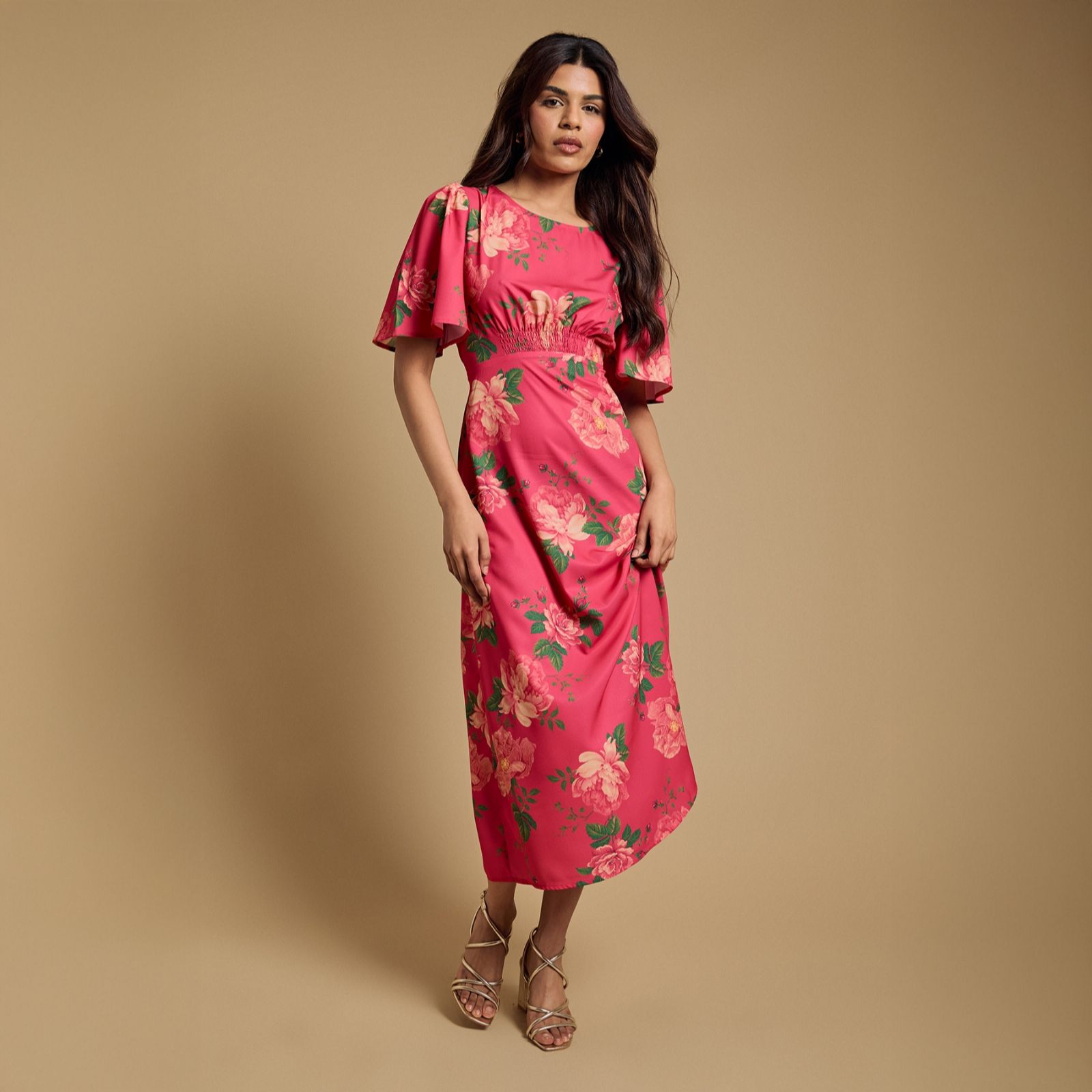 Dorothy Perkins Flutter Sleeve Shirred Waist Midi Dress Petite