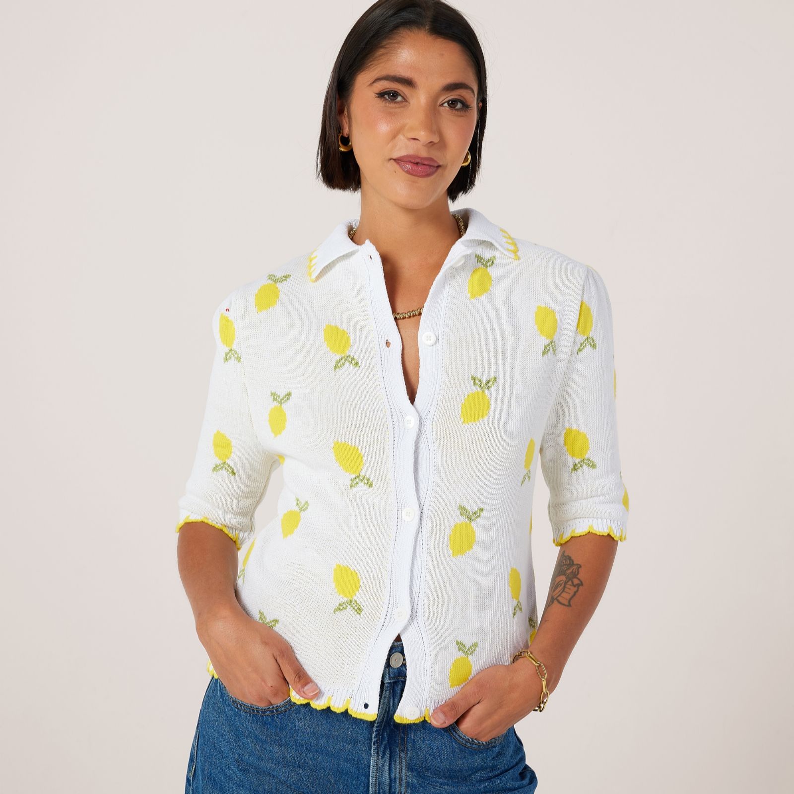 Helene Berman Riviera Collection Lemon Cotton Blend Cardigan