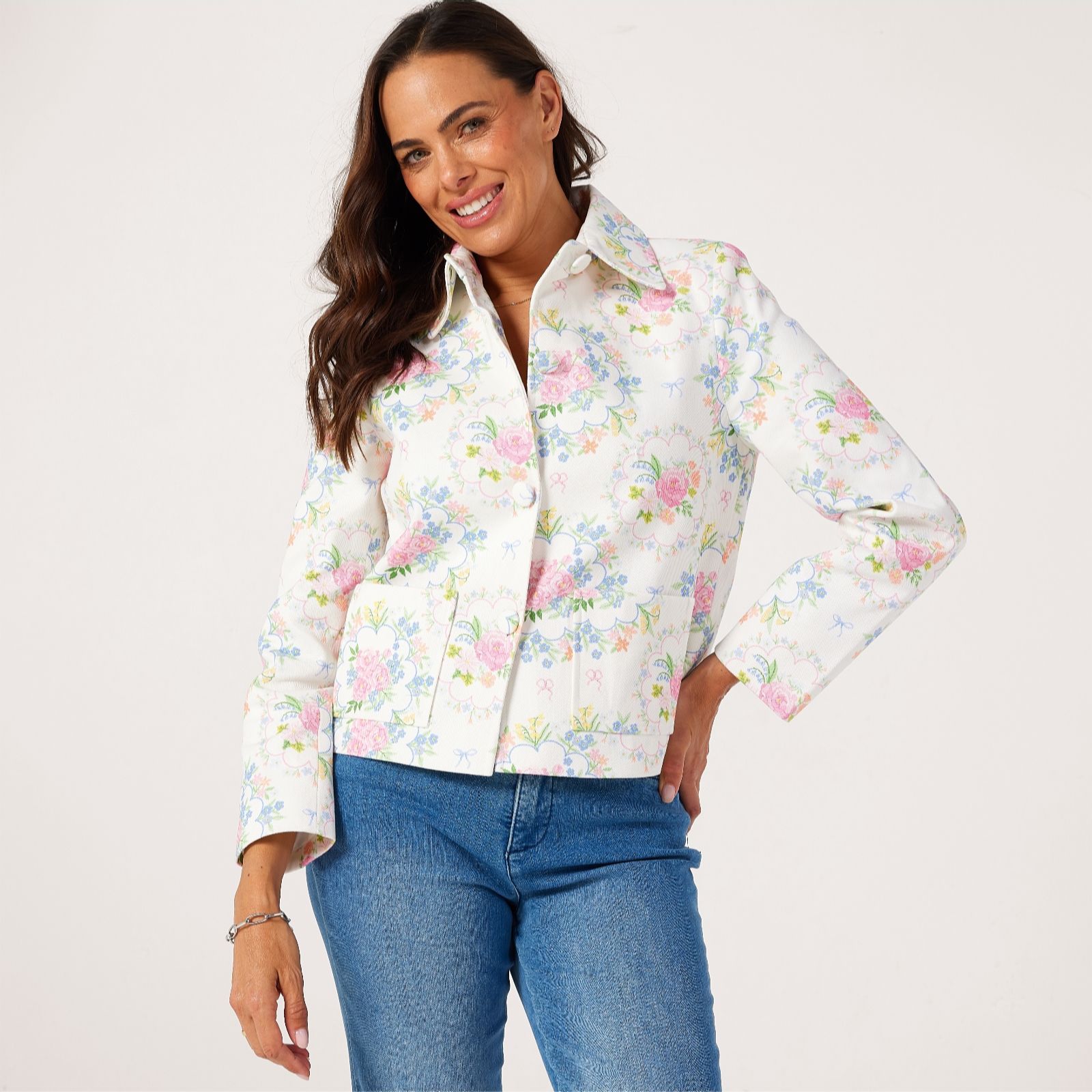 Helene Berman Summer Floral Corsage Cotton Denim Jacket
