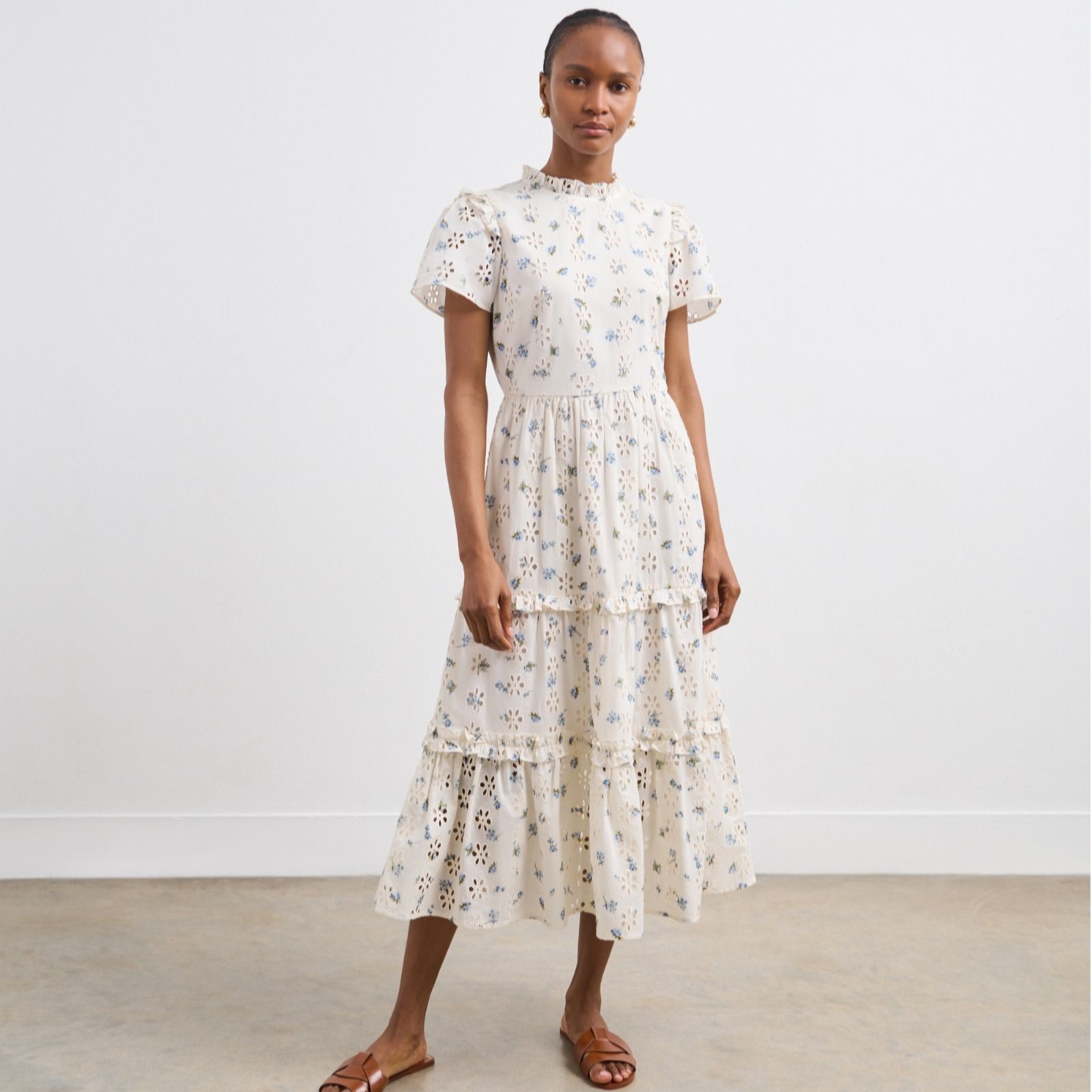 Finery Jane Printed Cotton Eyelet Broderie Midi Dress - QVC UK