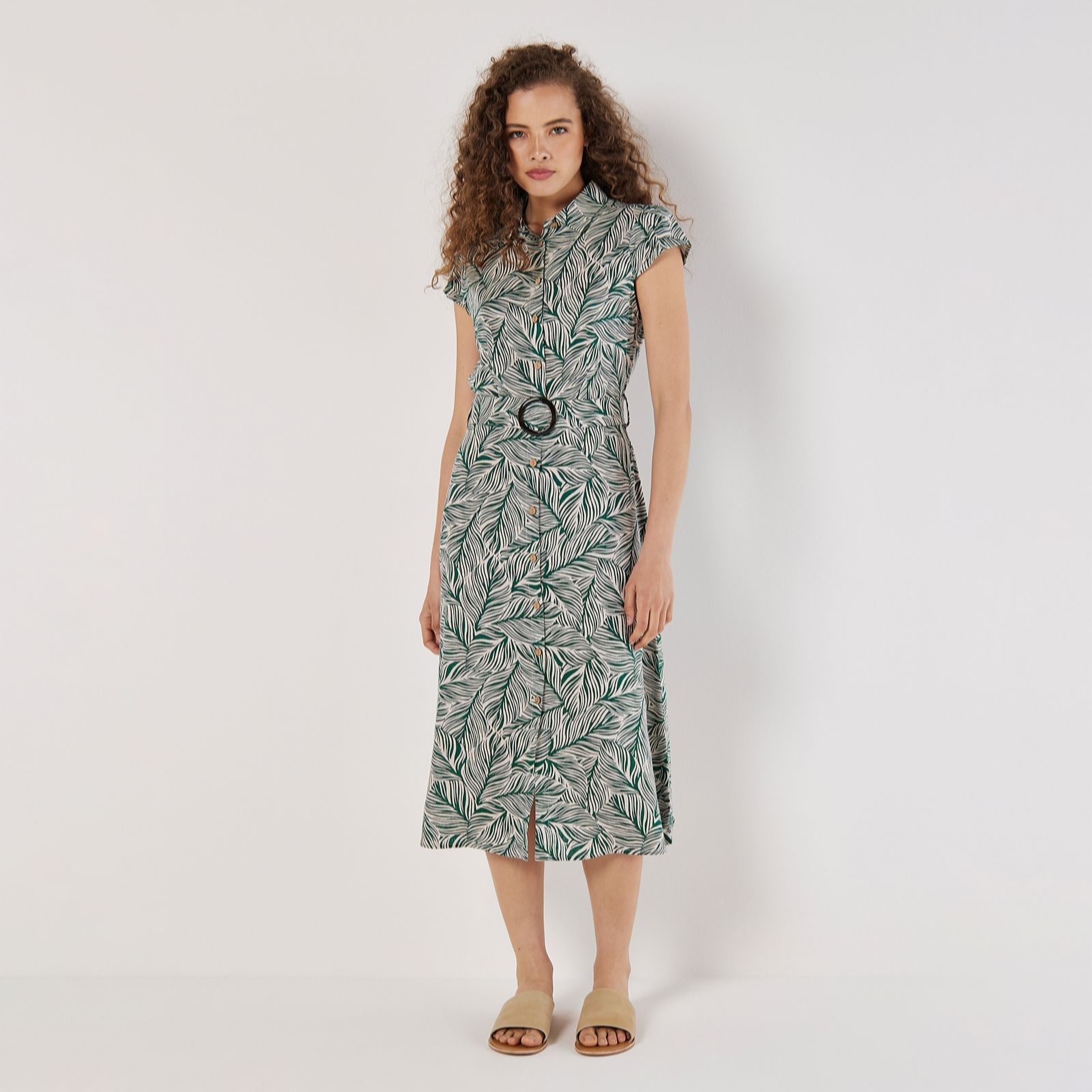 Apricot Mono Leaf Linen Belted Dress