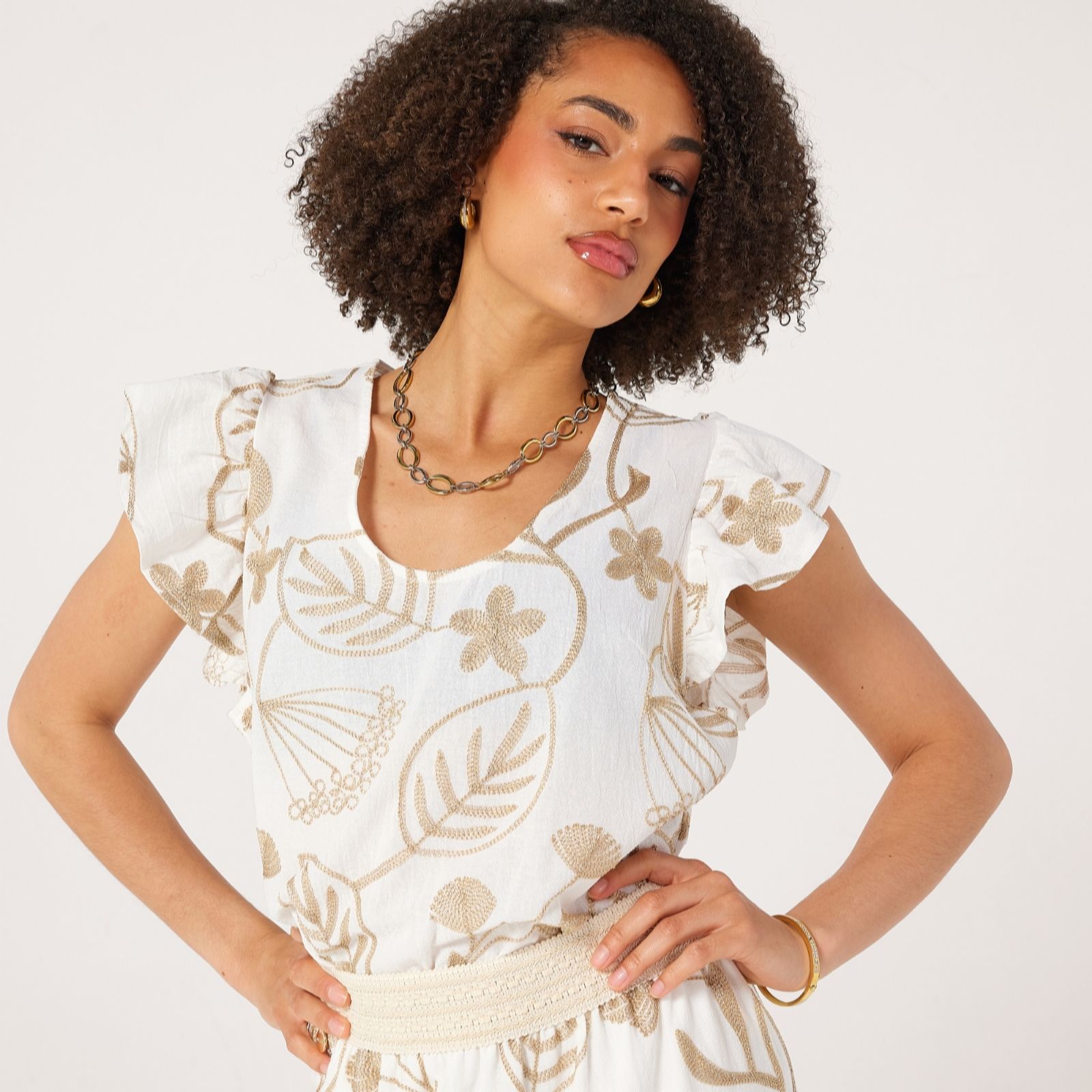 Malissa J Embroidery Cotton Top with Frill Sleeves