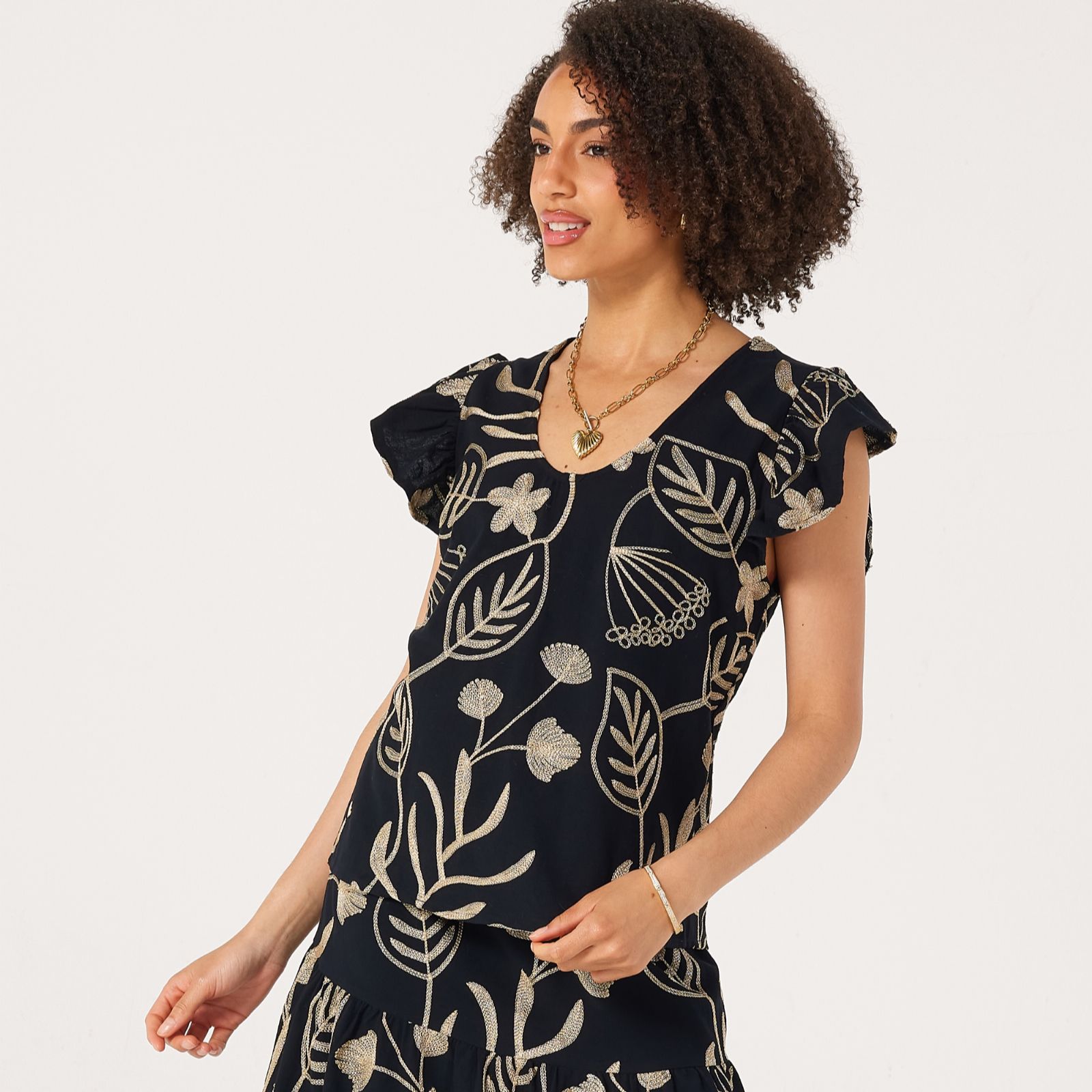 Malissa J Embroidery Cotton Top with Frill Sleeves