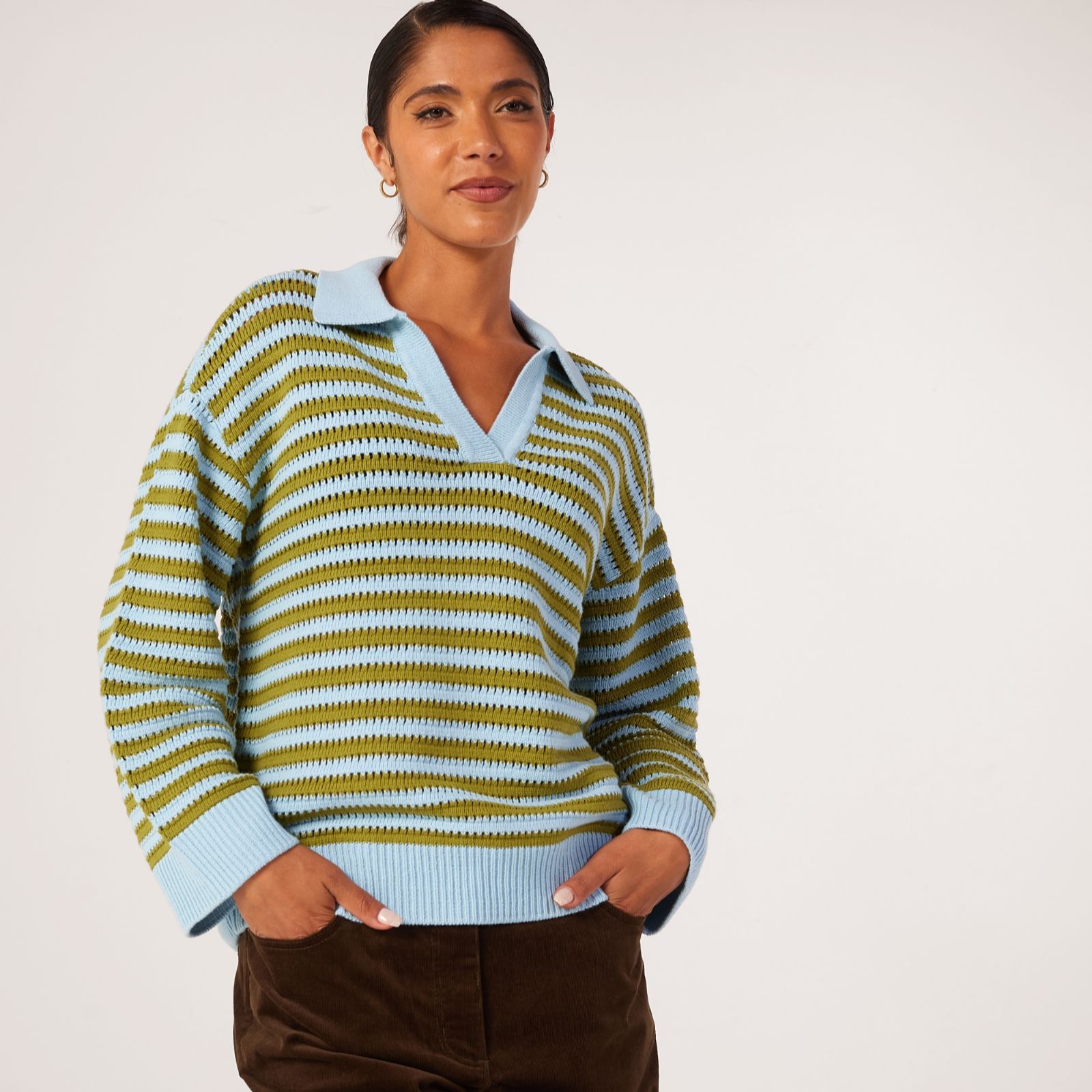 Ben de Lisi Stripe Pointelle Collared Jumper