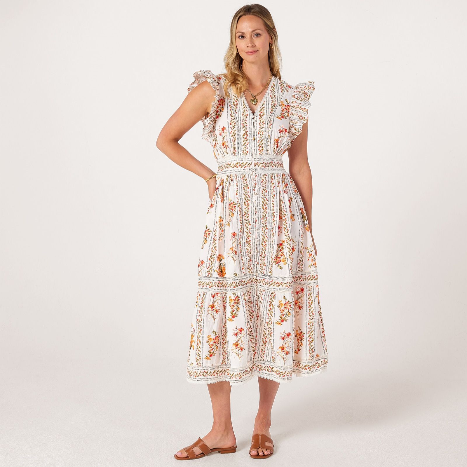 YAS Floratina Flutter Sleeve Tiered Midi Dress