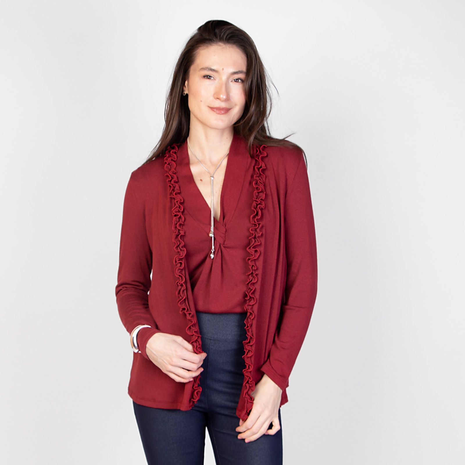 Kim & Co Fine Sweater Knit Cardigan with Frilled Front