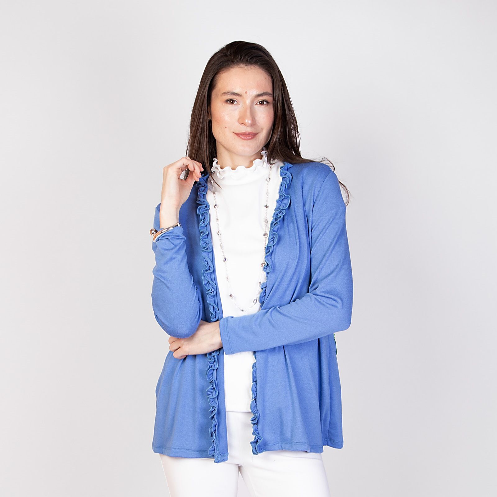 Kim & Co Fine Sweater Knit Cardigan with Frilled Front