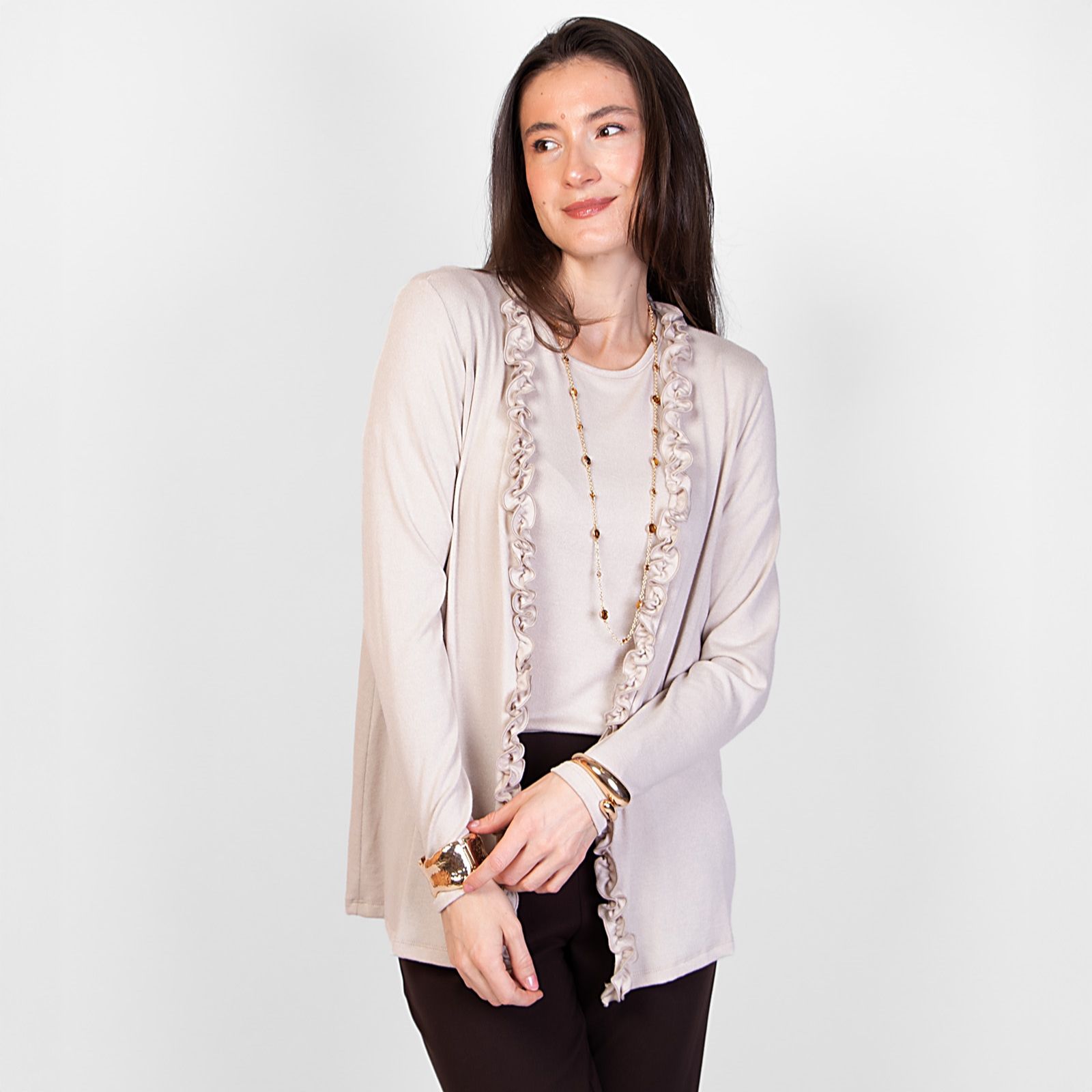 Kim & Co Fine Sweater Knit Cardigan with Frilled Front