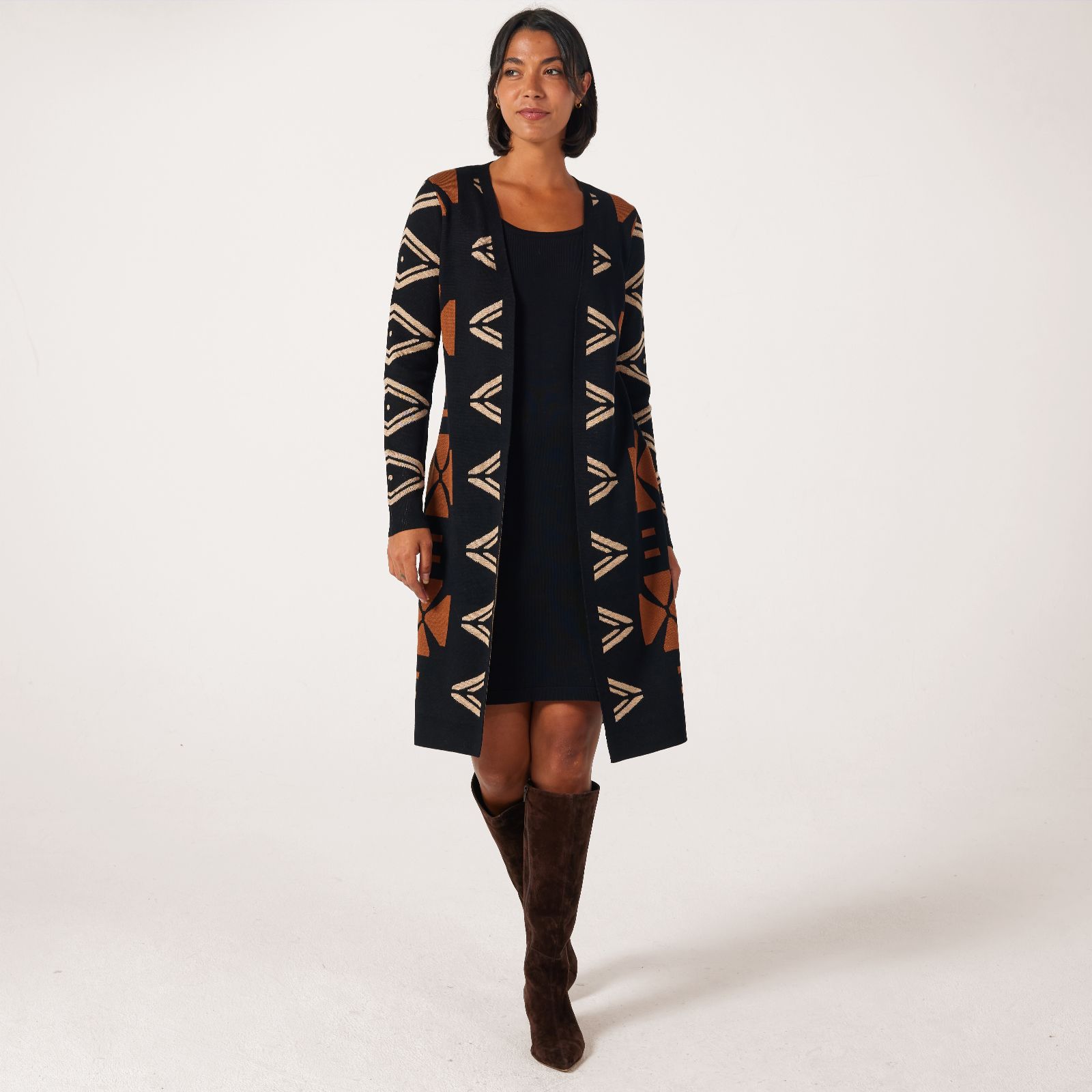 Nina Leonard Twofer Jacquard Knit Longline Dress Cardigan