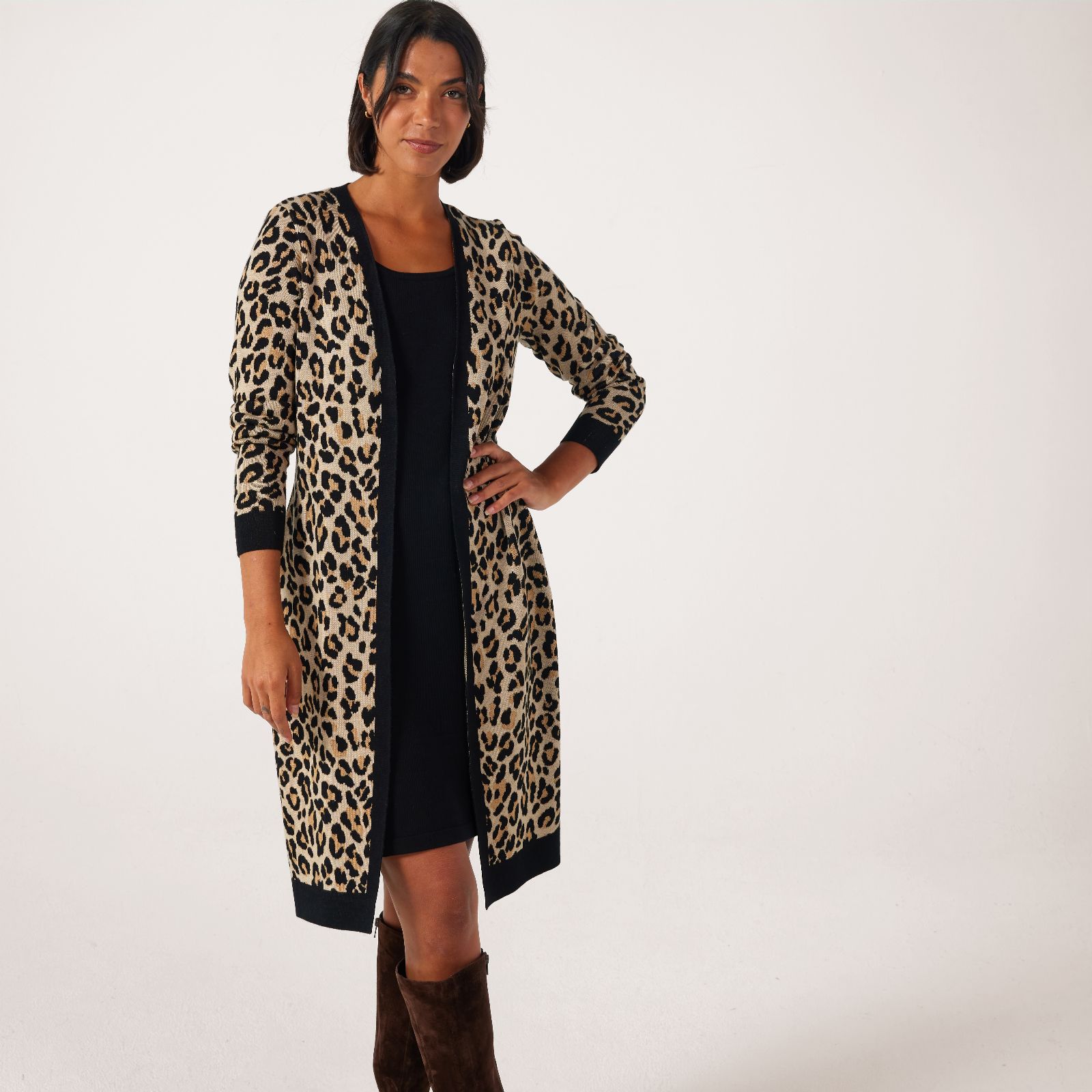 Nina Leonard Twofer Jacquard Knit Longline Dress Cardigan