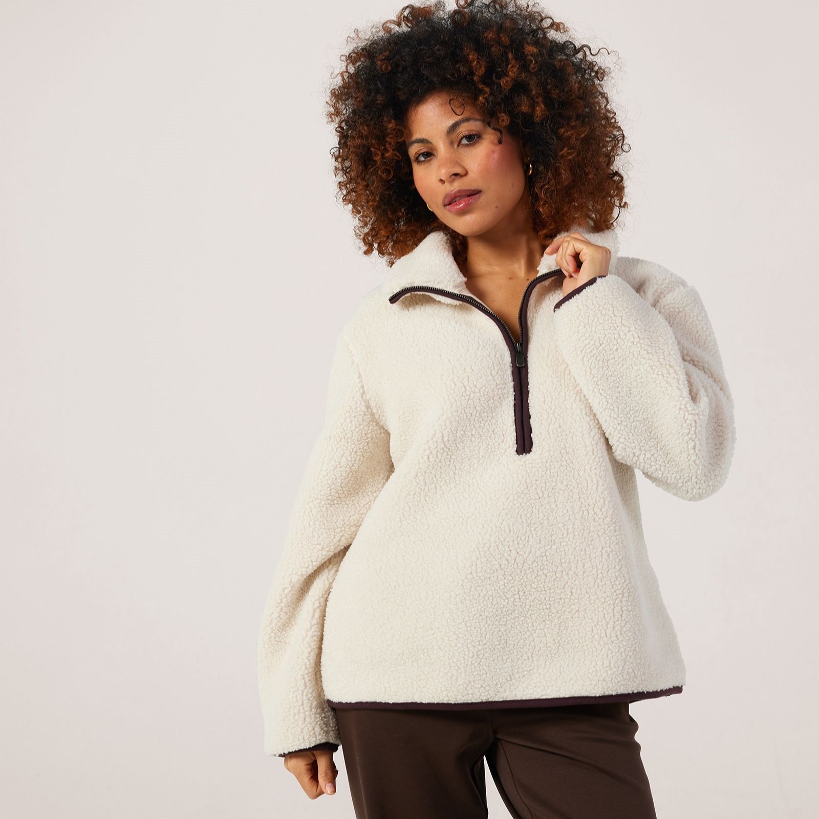 Denim & Co. Borg Contrast Trim Half Zip Top