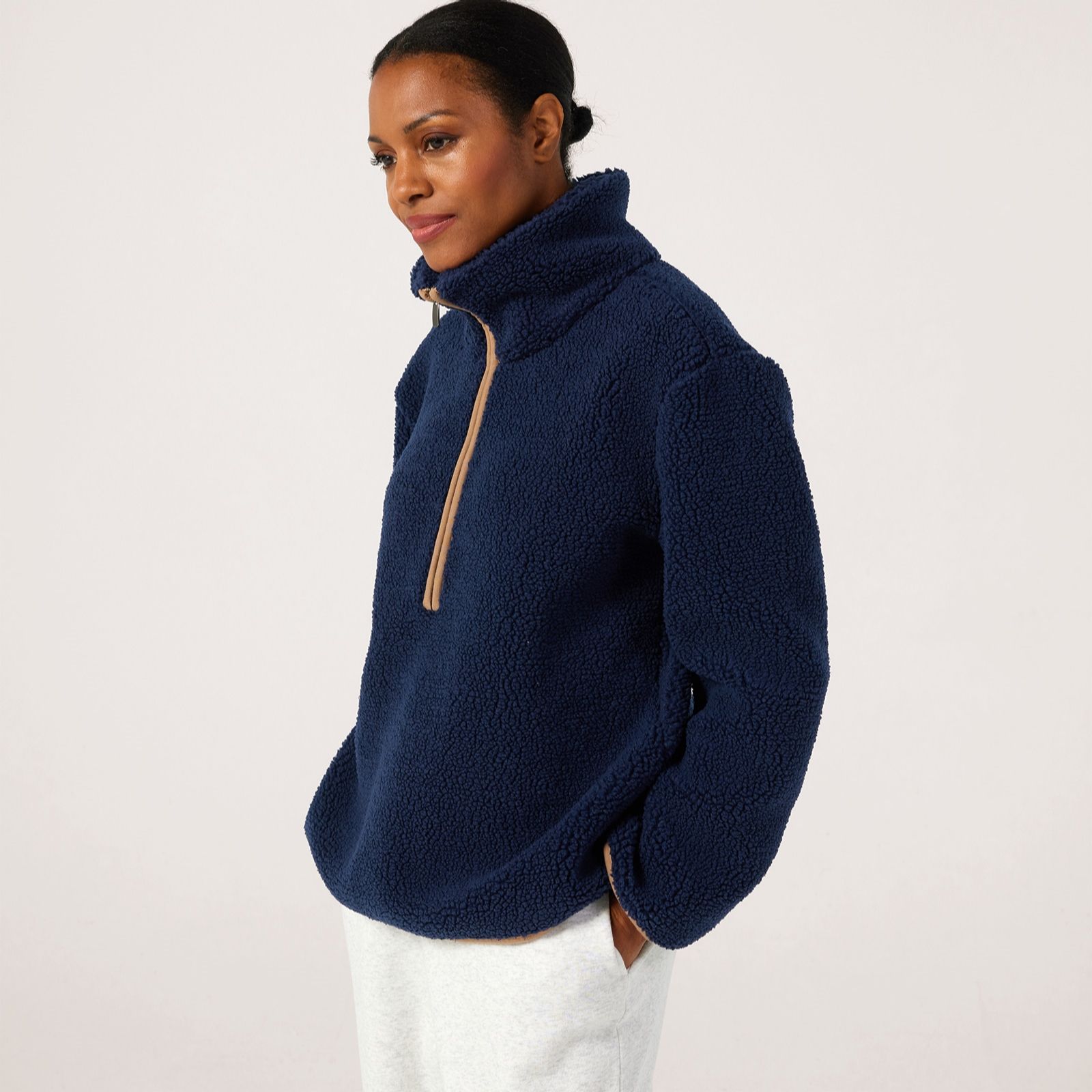 Denim & Co. Borg Contrast Trim Half Zip Top