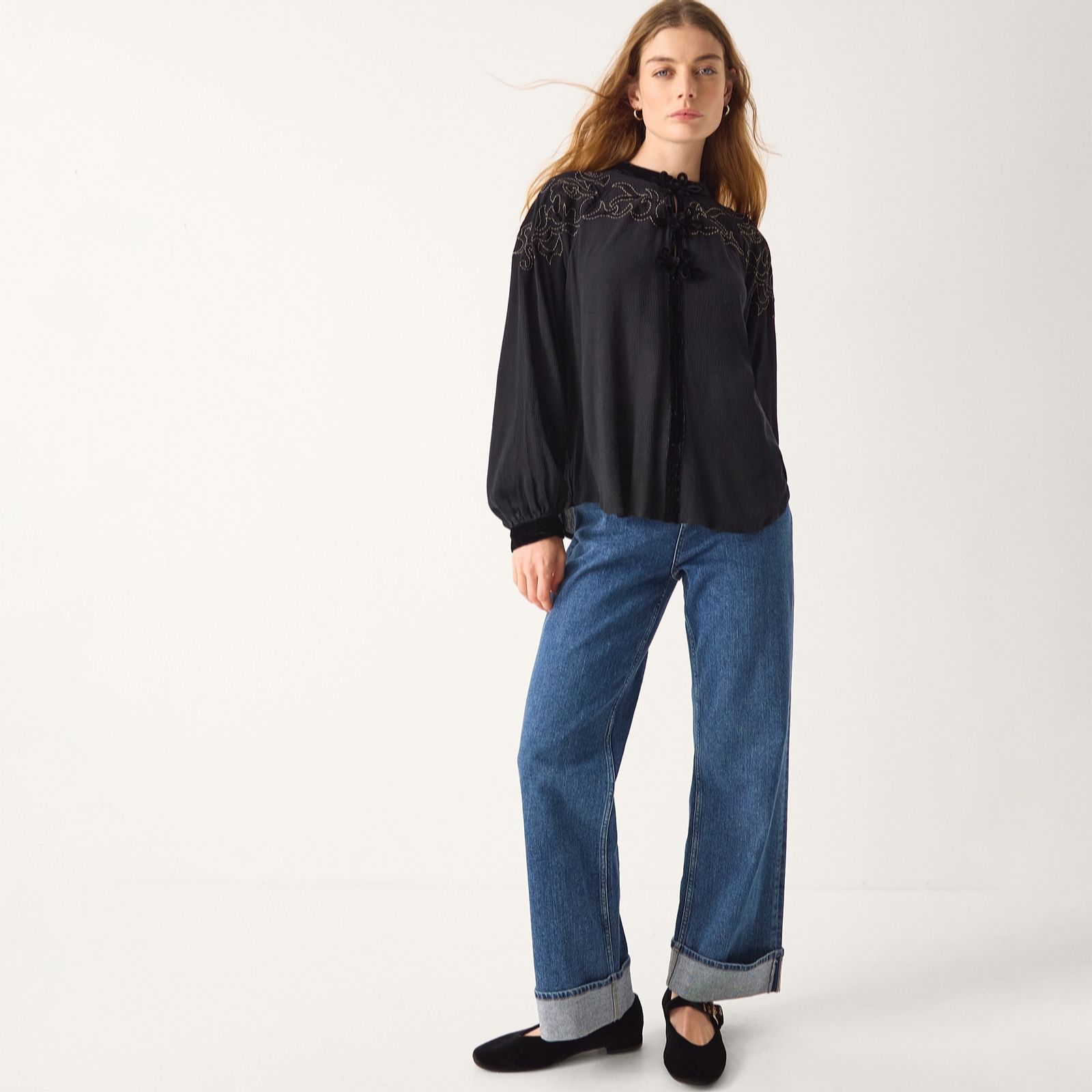 Monsoon Mallory Embroidered & Velvet Trim Blouse